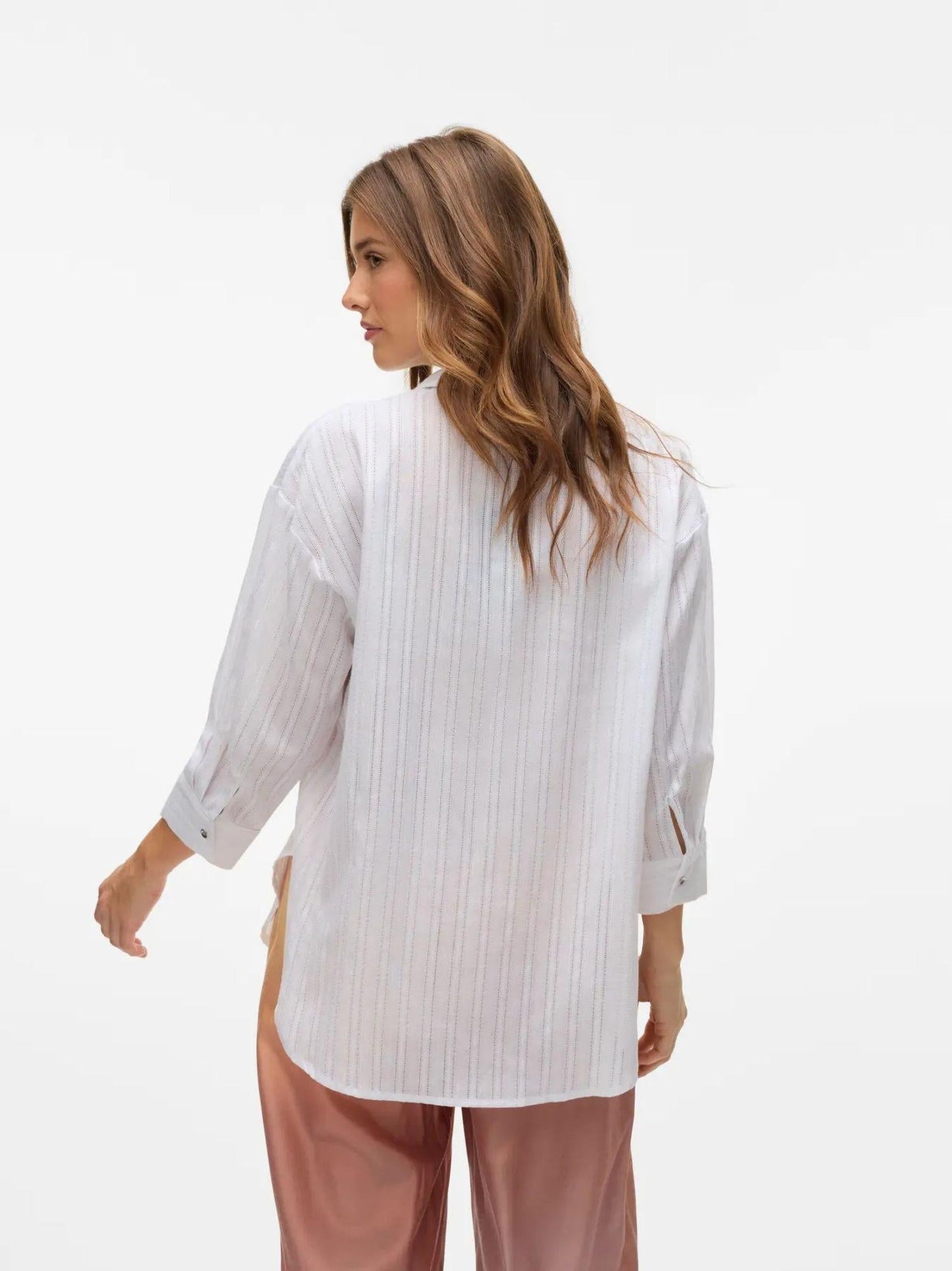 Vero Moda Camicia Donna Olla Maniche 3/4 Bright White Con Filo Lurex Argento