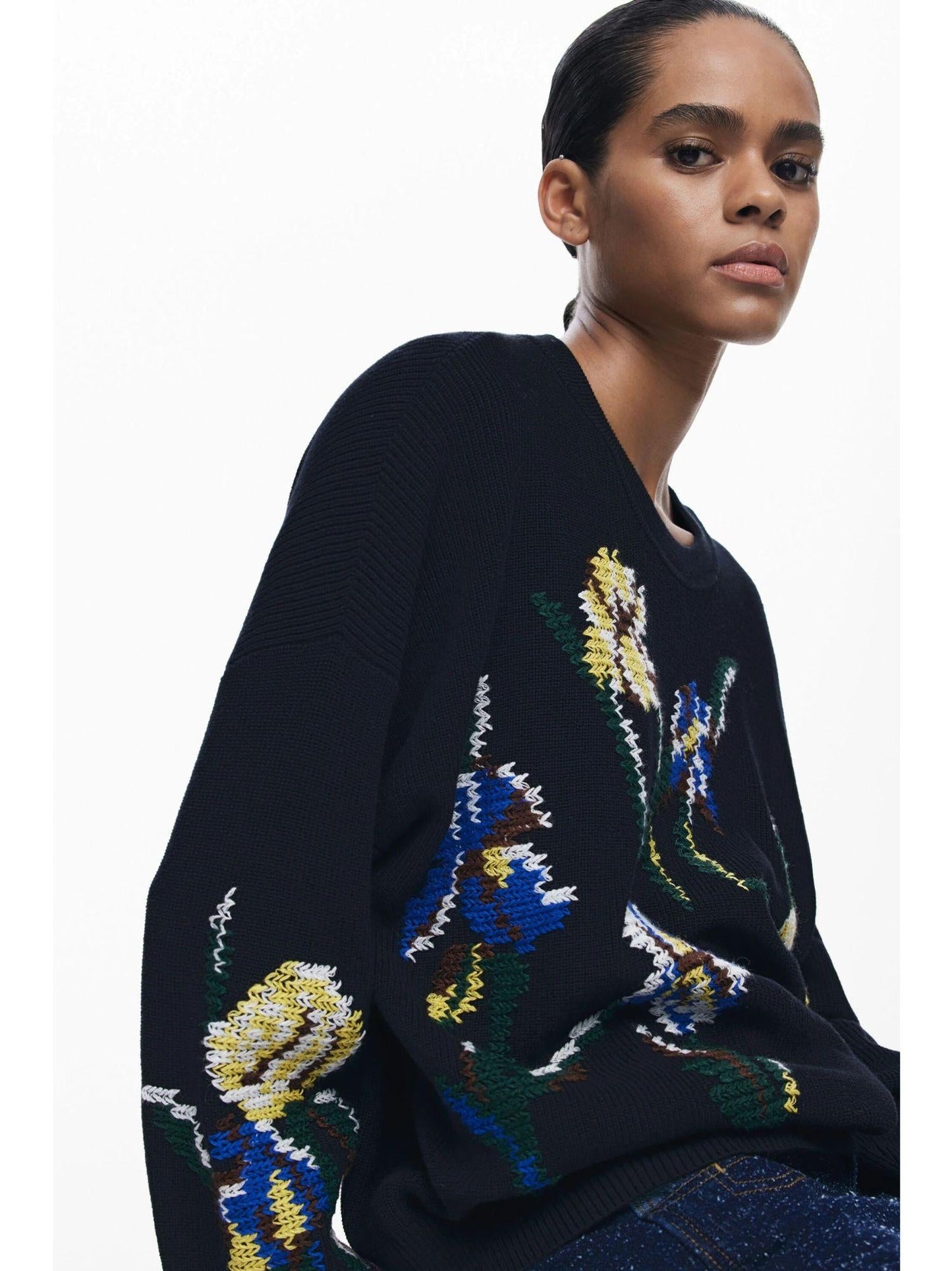 Desigual Maglione jacquard con fiori ricamati Donna Nero