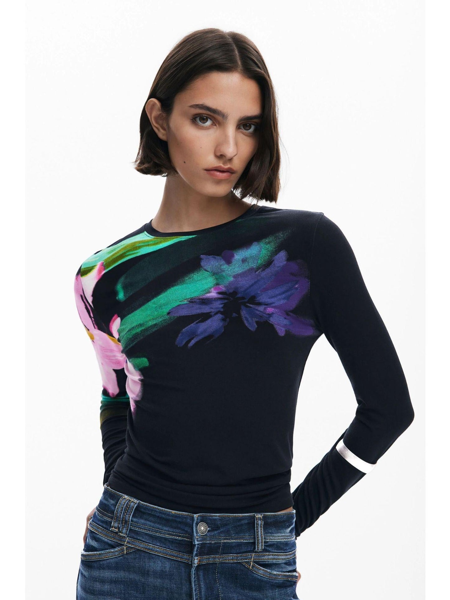 Desigual Maglietta a maniche lunghe con fiori Donna Nero