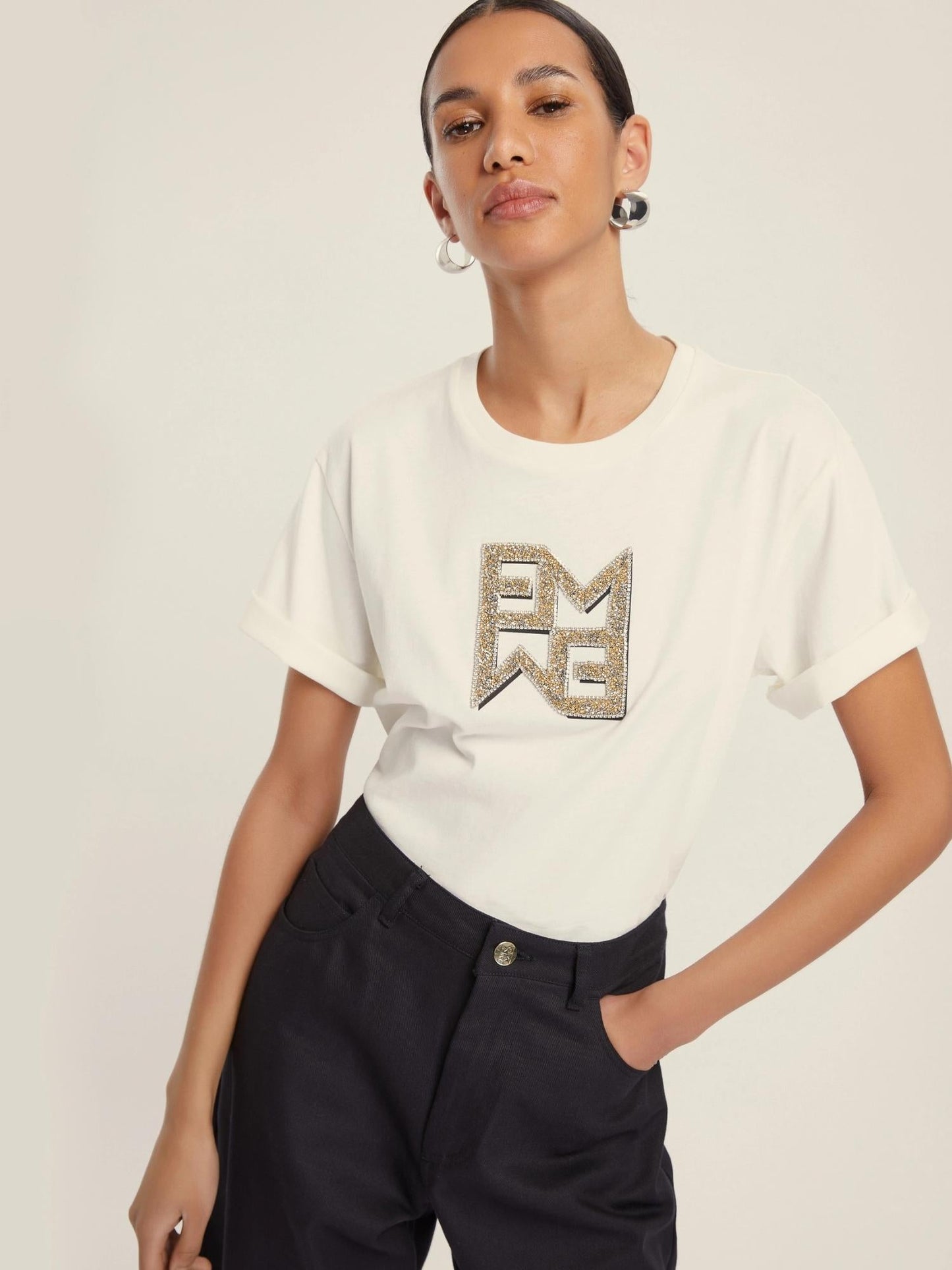 Emme Marella T-shirt Donna in jersey con cristalli Micaelabis Panna Oro