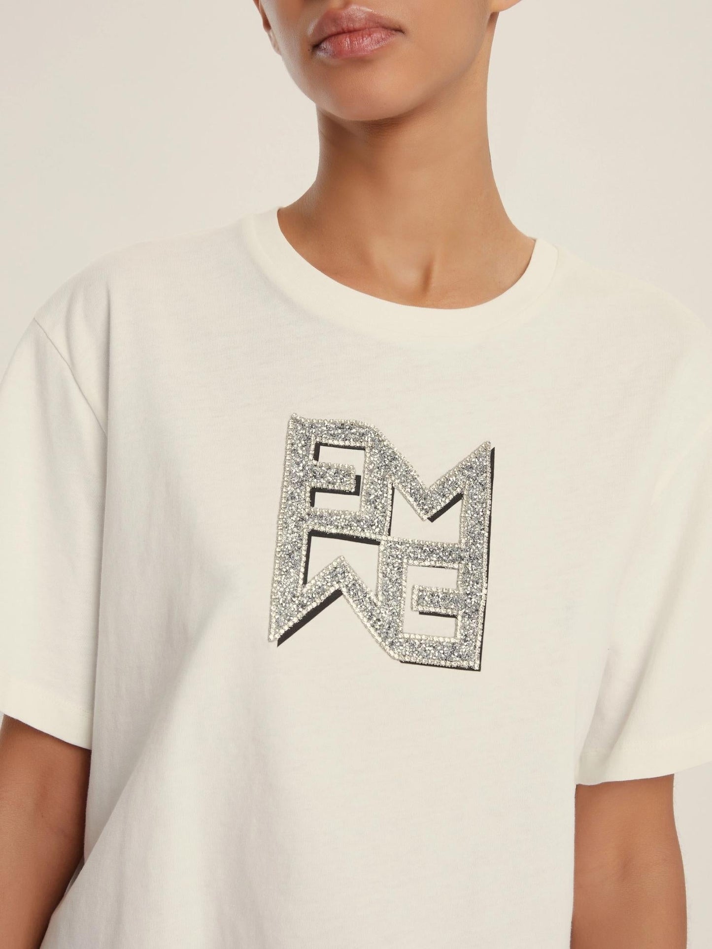 Emme Marella T-shirt Donna in jersey con cristalli Micaelabis Panna Argento