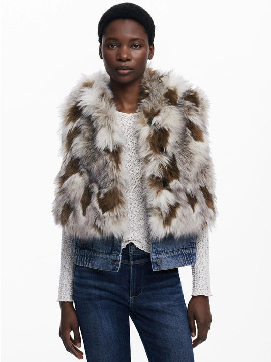 Desigual Gilet di Jeans con Pelliccia Sintetica Donna