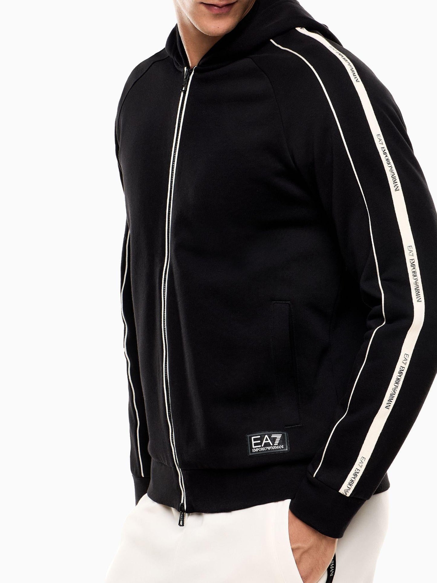 EA7 Emporio Armani Felpa Uomo Logo Series Con Cappuccio E Zip In Misto Cotone Nero
