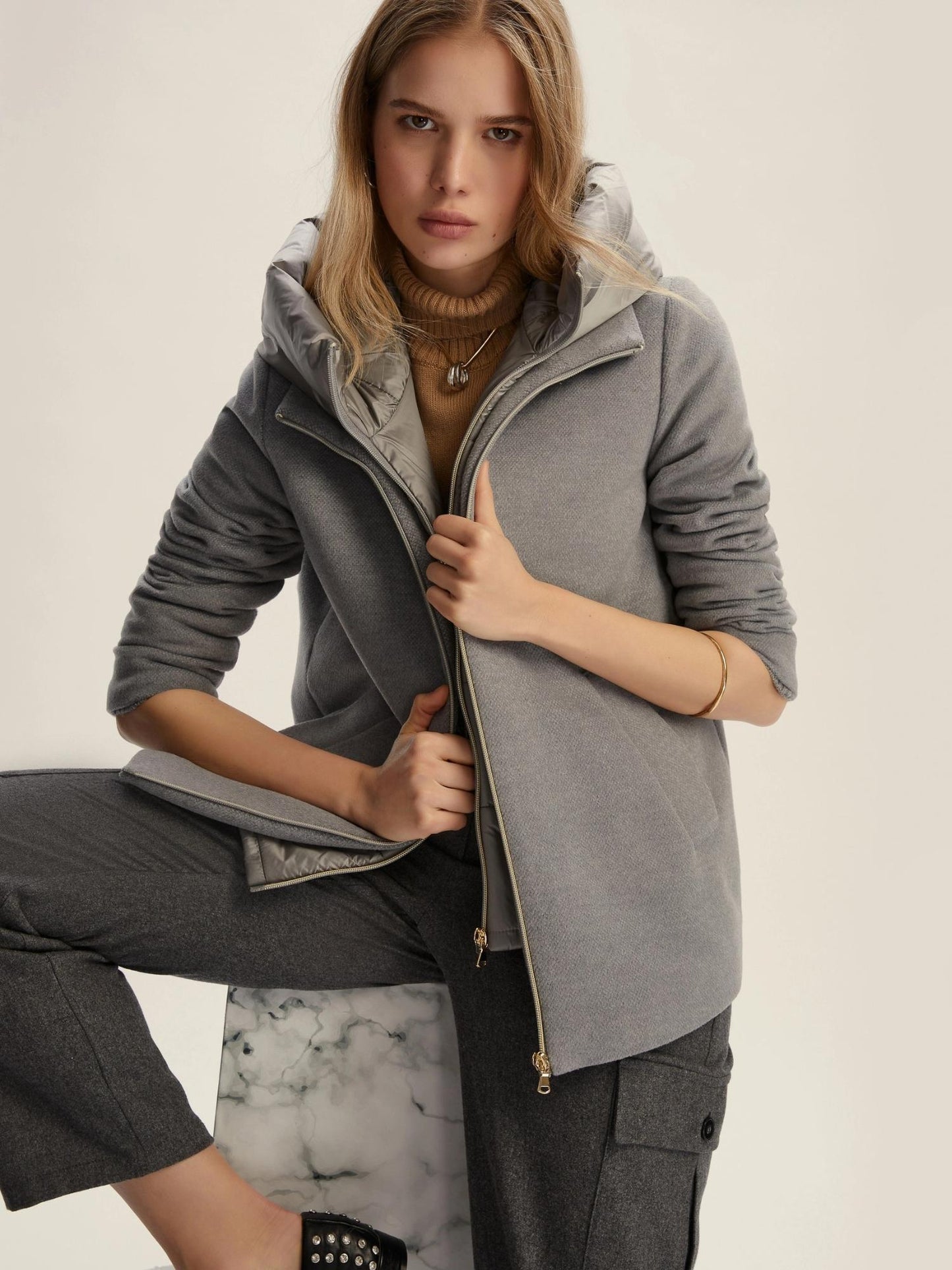 Emme Marella Giaccone Imbottito in Panno Soft Donna Sorriso Grigio Chiaro