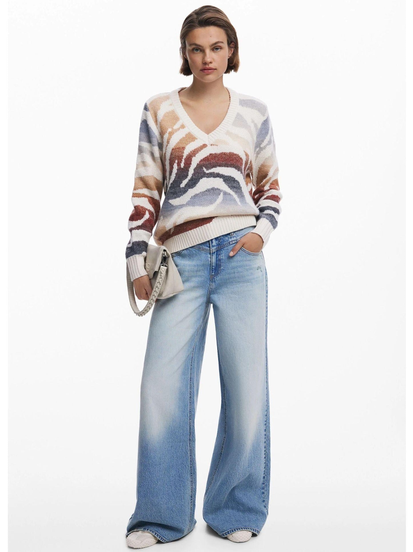 Desigual Maglione zebrato con scollo a V Donna Bianco