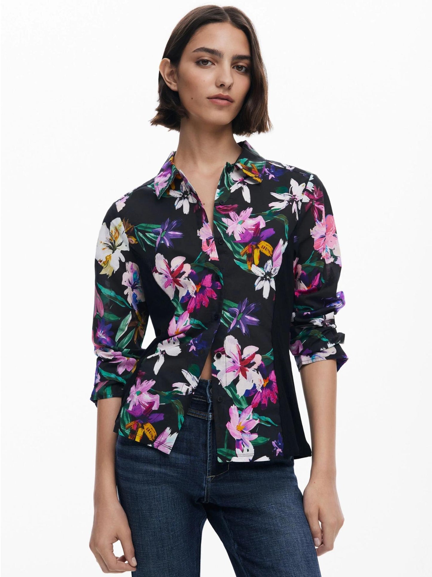 Desigual Camicia a fiori silhouette combinata Donna Nero