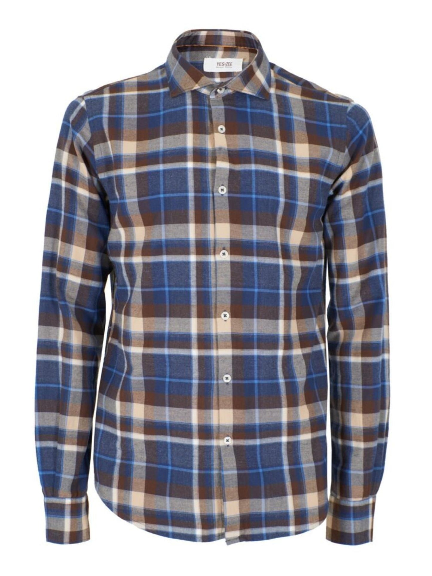 Yes Zee Camicia Collo francese Uomo Blu Marrone Beige