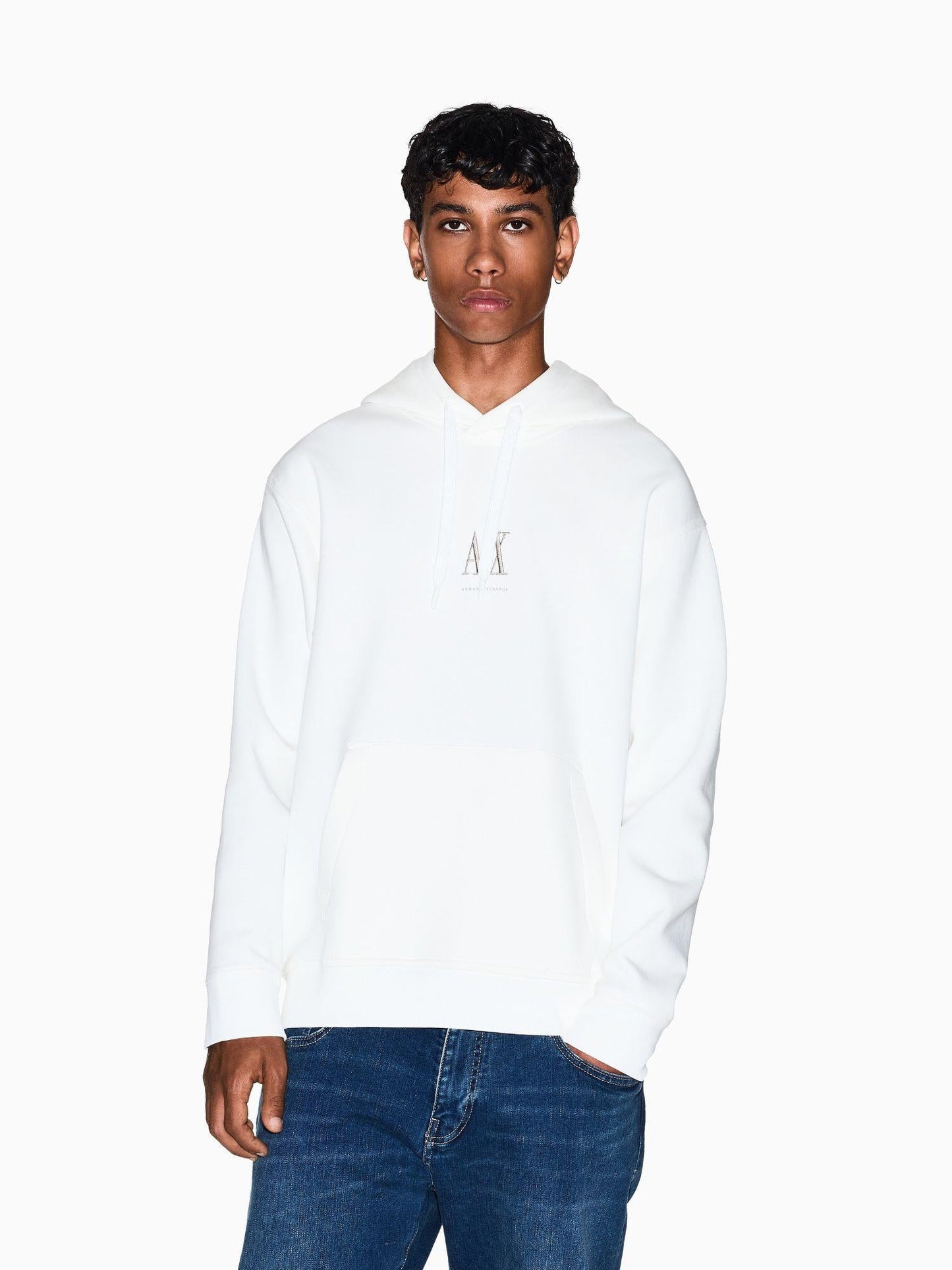 Armani Exchange Felpa Bianca Elegante Con Cappuccio Da Uomo Con Logo Ricamato