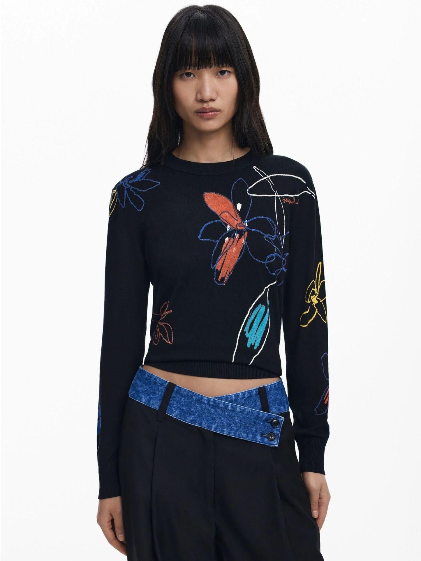 Desigual Maglione leggero con tratti floreali Donna Nero