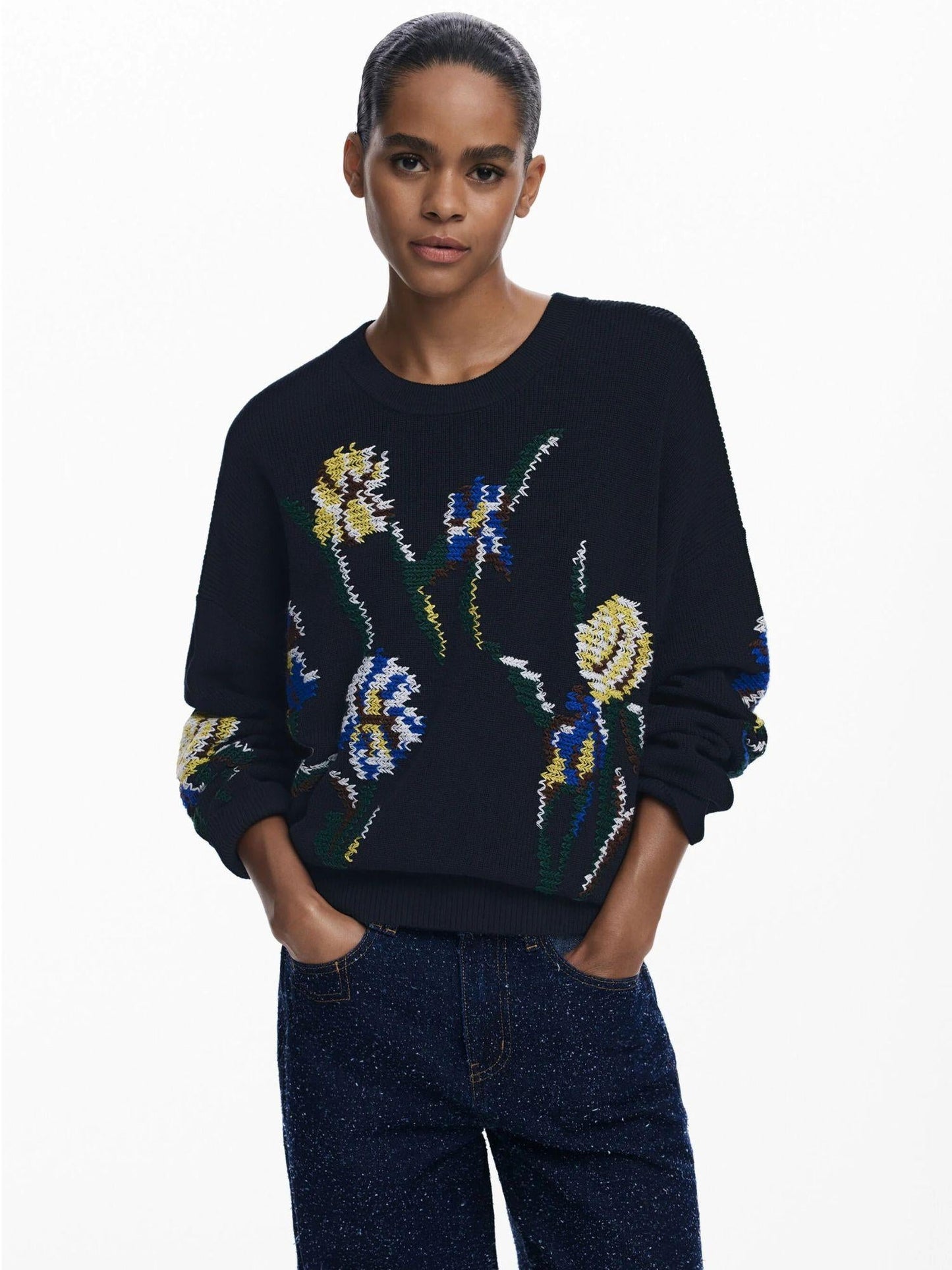 Desigual Maglione jacquard con fiori ricamati Donna Nero