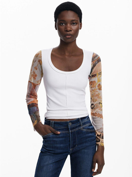 Desigual Maglietta con maniche in chiffon Donna Bianco