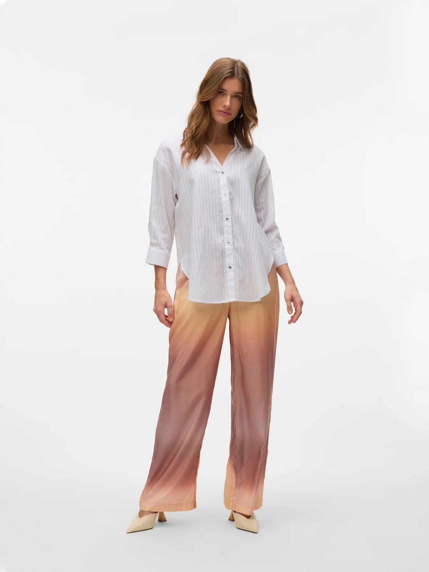 Vero Moda Camicia Donna Olla Maniche 3/4 Bright White Con Filo Lurex Argento