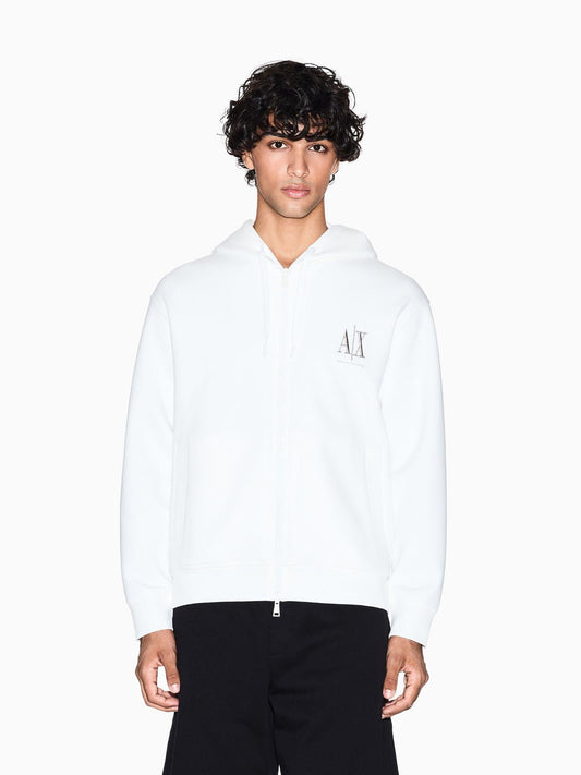 Armani Exchange felpa bianca elegante con cappuccio e zip da uomo con logo ricamato