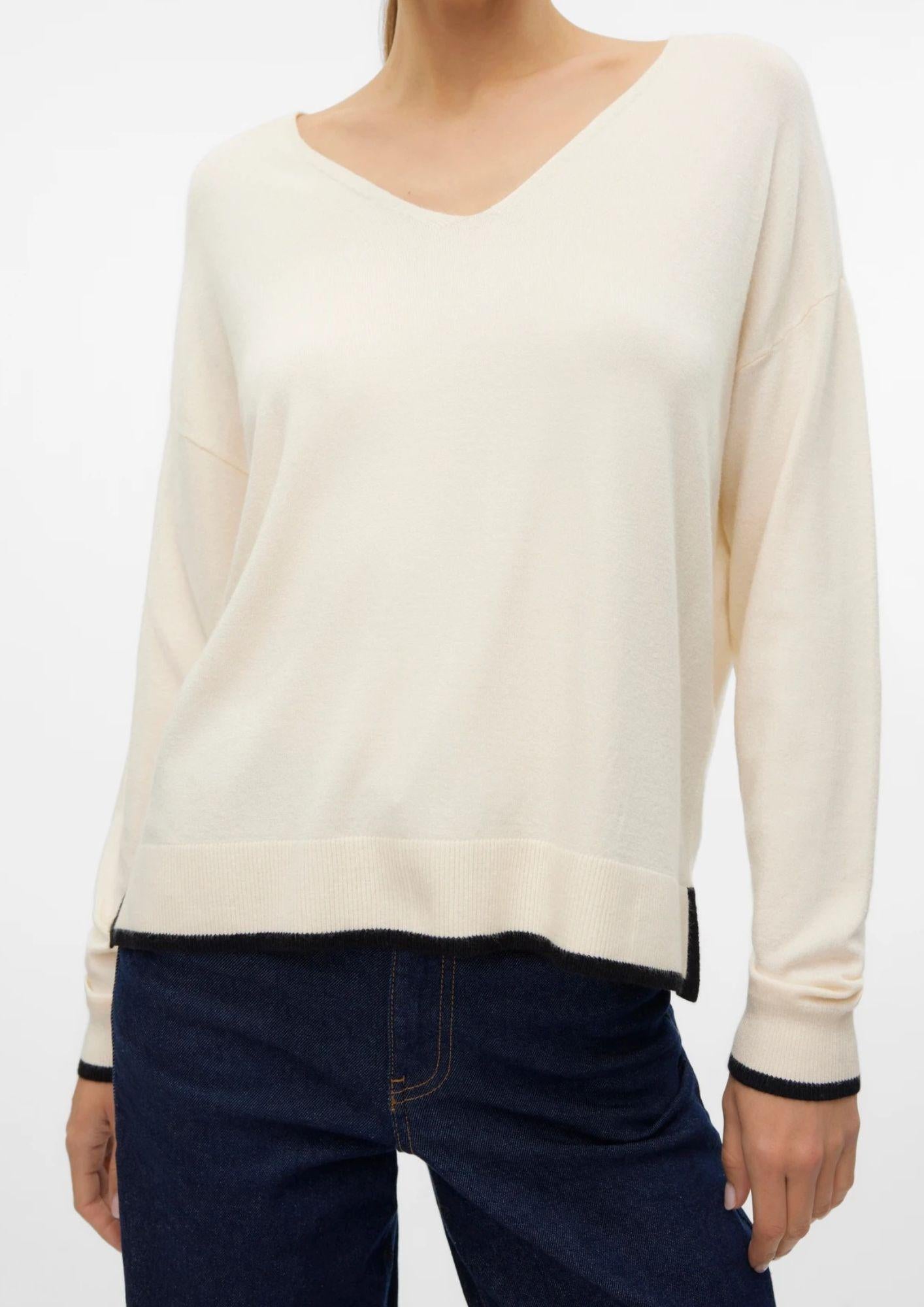 Vero Moda Maglione Donna Breeze Bianco Panna Con Dettagli Neri