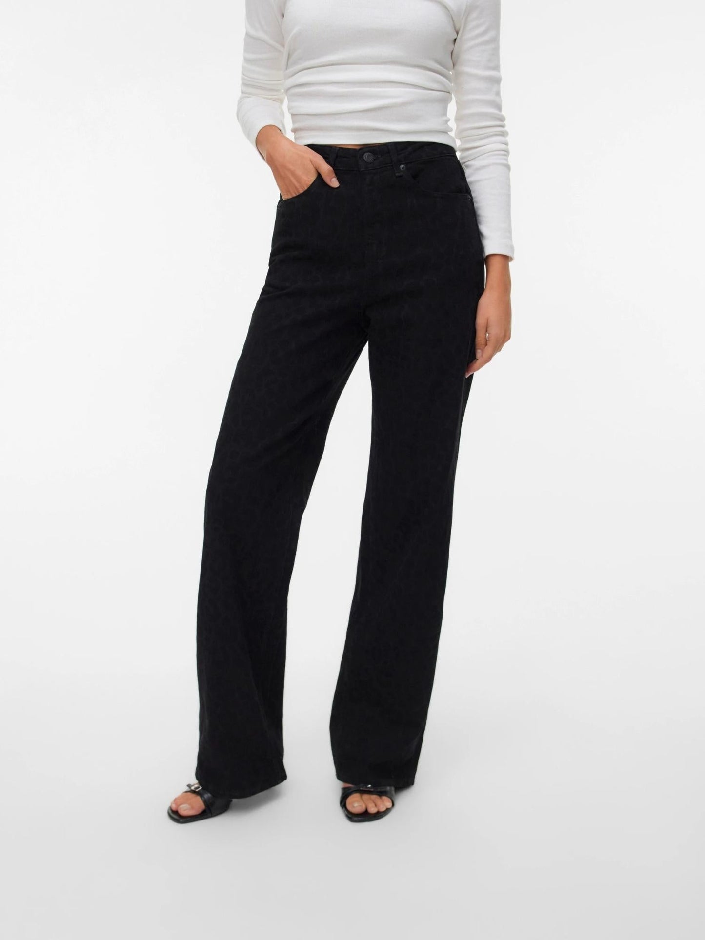 Vero Moda Jeans Donna Tessa A Vita Alta Wide Leg Fit Black Denim Leopard