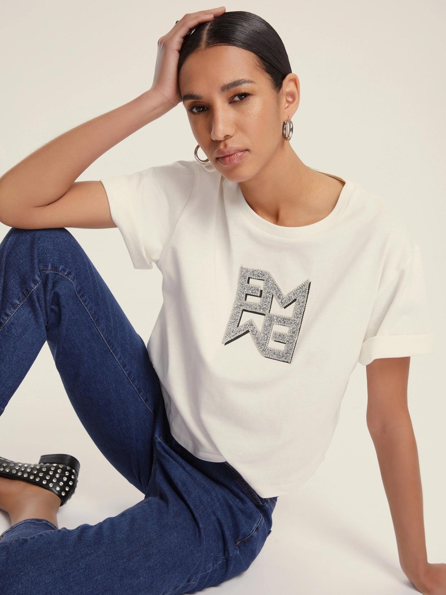 Emme Marella T-shirt Donna in jersey con cristalli Micaelabis Panna Argento