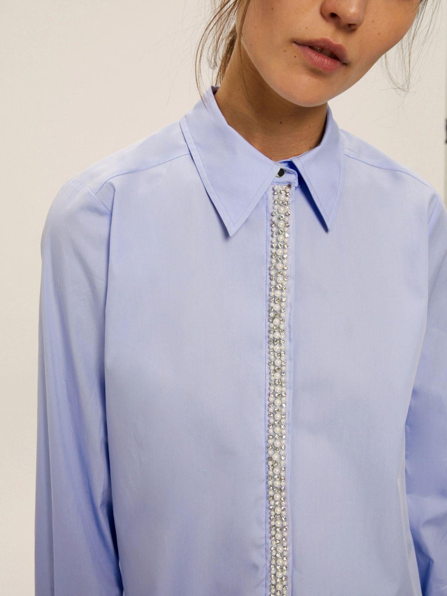Emme Marella Camicia in popeline con dettagli di perle e strass Donna Valda Azzurro