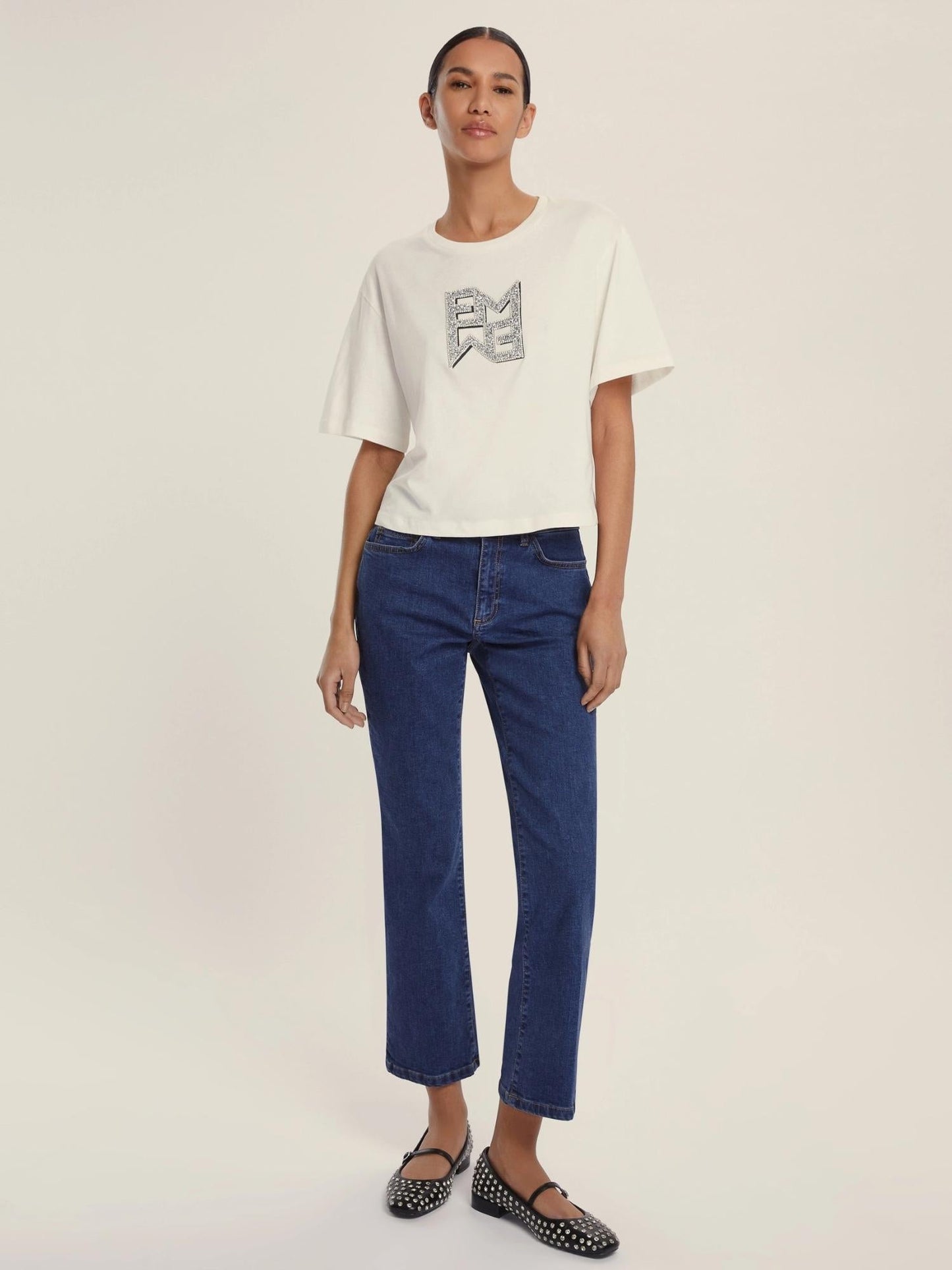 Emme Marella T-shirt Donna in jersey con cristalli Micaelabis Panna Argento