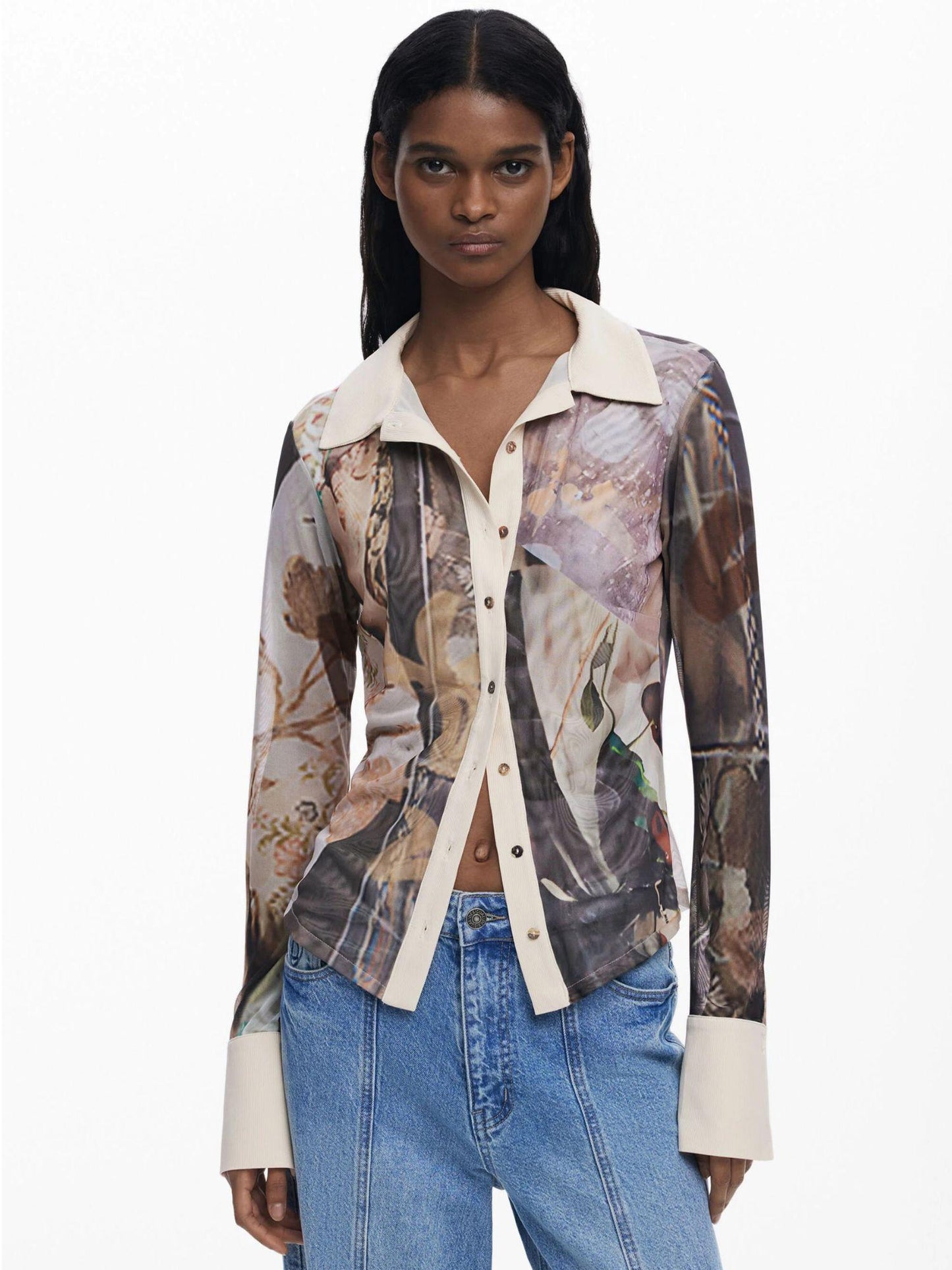 Desigual Maglietta in chiffon con polsini Donna Marrone