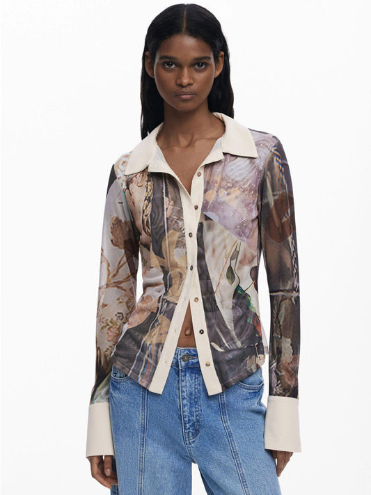 Desigual Maglietta in chiffon con polsini Donna Marrone