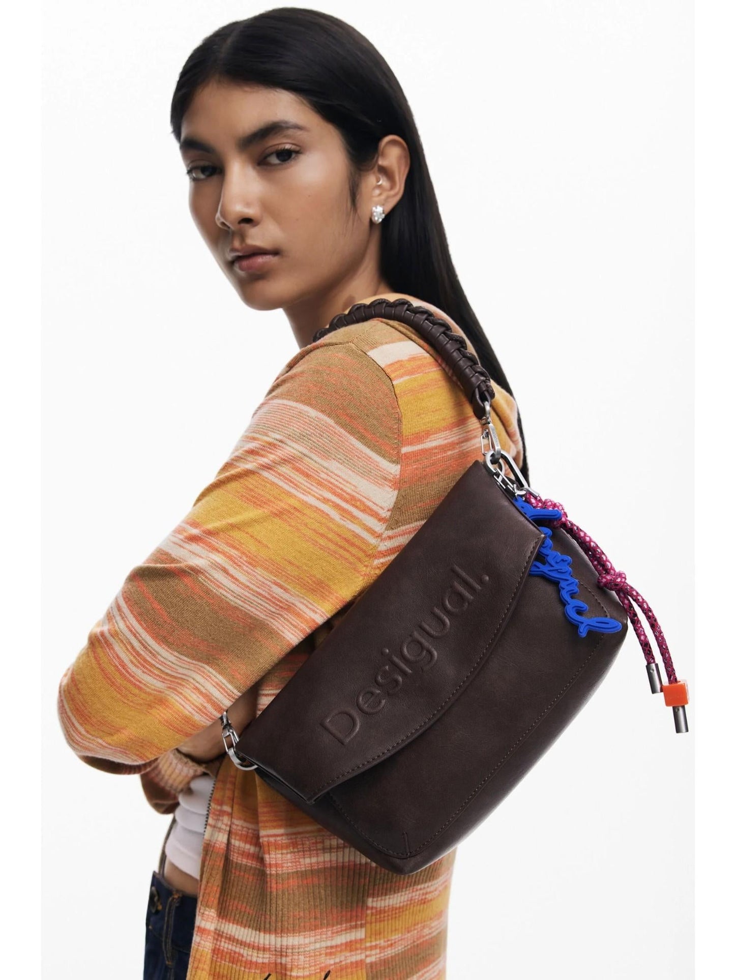 Desigual Borsa effetto camoscio logo 3D medio Donna Marrone