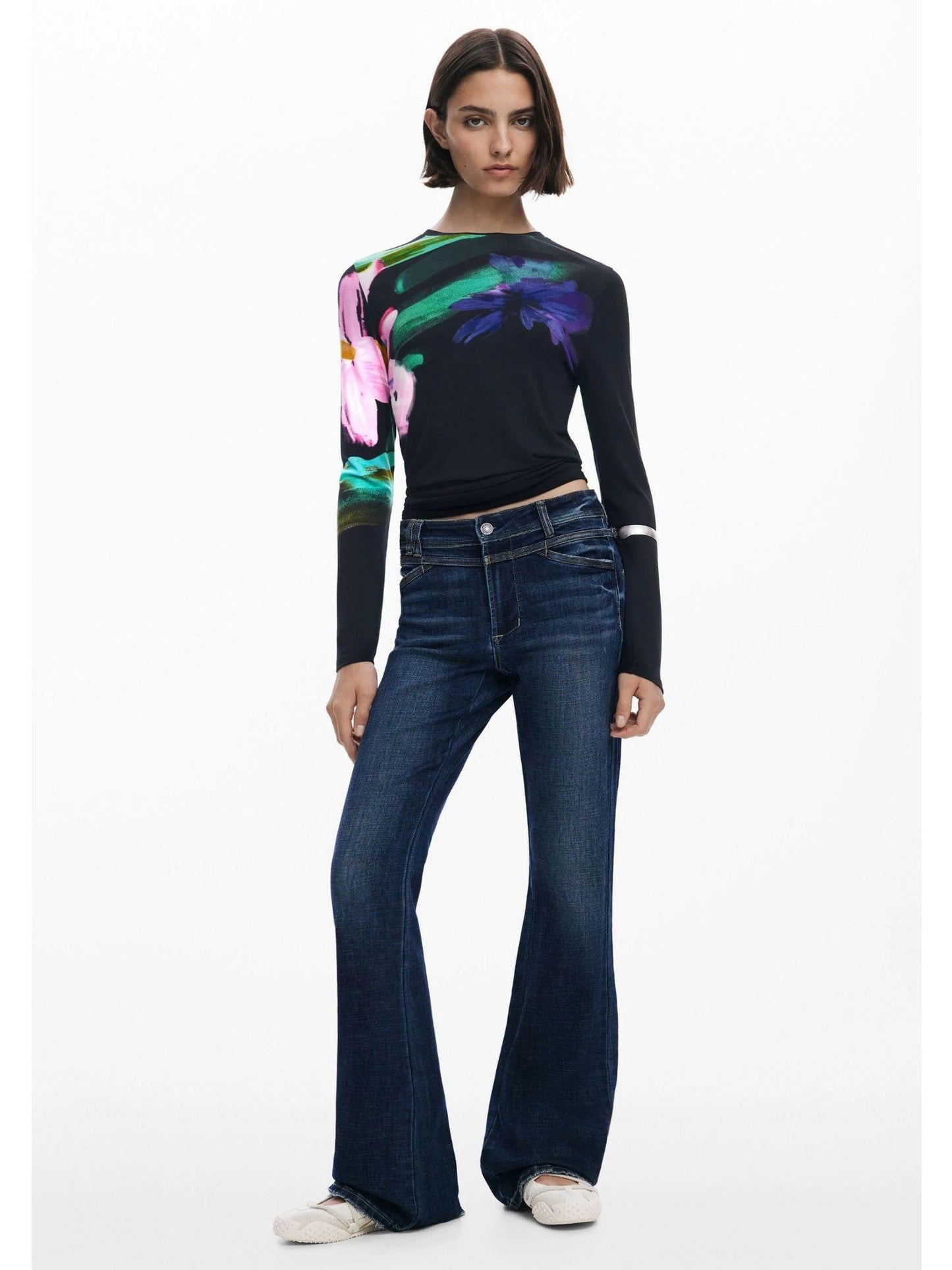 Desigual Maglietta a maniche lunghe con fiori Donna Nero