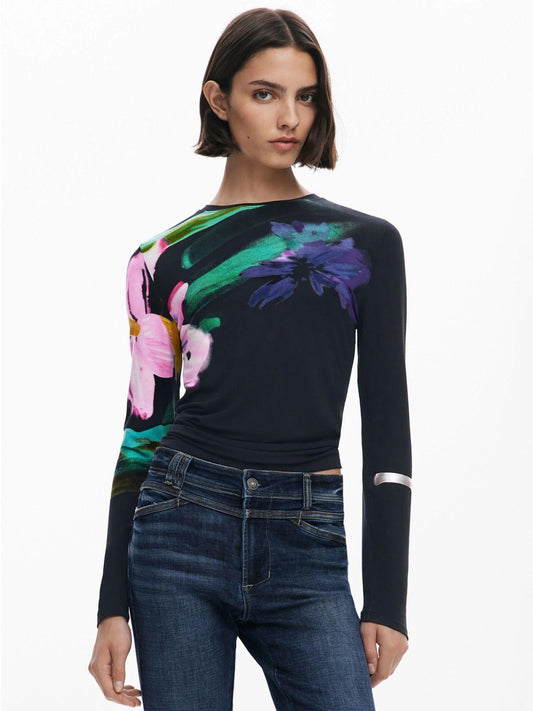 Desigual Maglietta a maniche lunghe con fiori Donna Nero