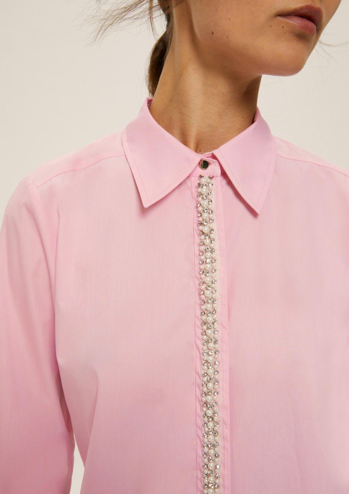 Emme Marella Camicia in popeline con dettagli di perle e strass Donna Valda Rosa
