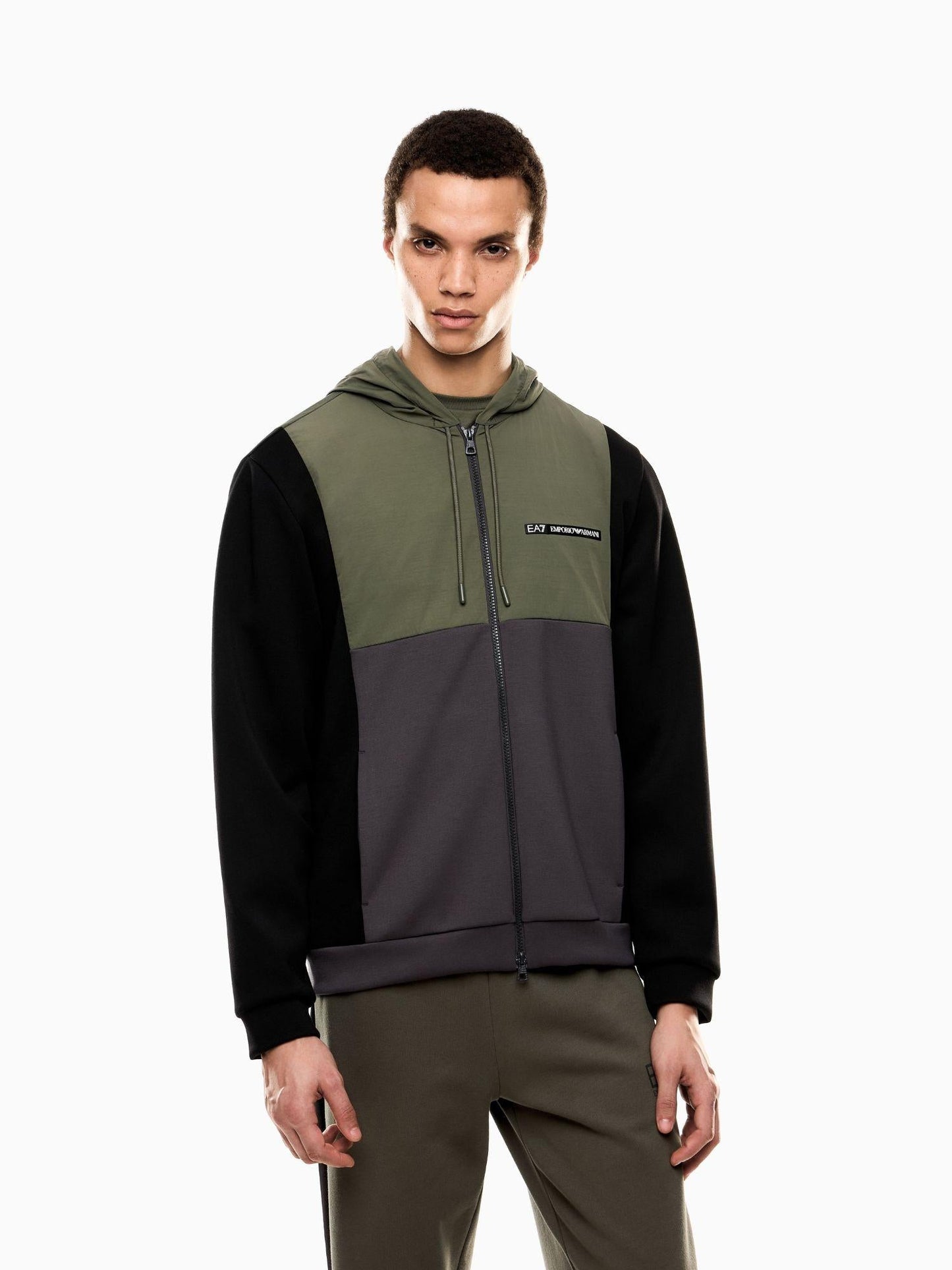 EA7 Emporio Armani Felpa Uomo Athletic Colour Block Con Cappuccio In Nylon E Misto Viscosa Verde