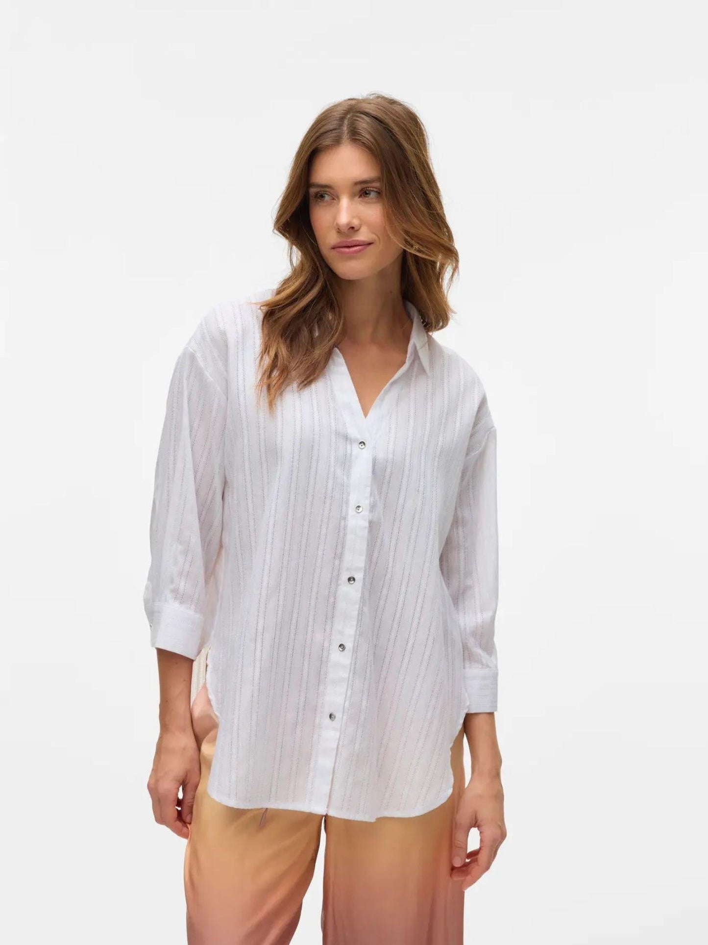Vero Moda Camicia Donna Olla Maniche 3/4 Bright White Con Filo Lurex Argento