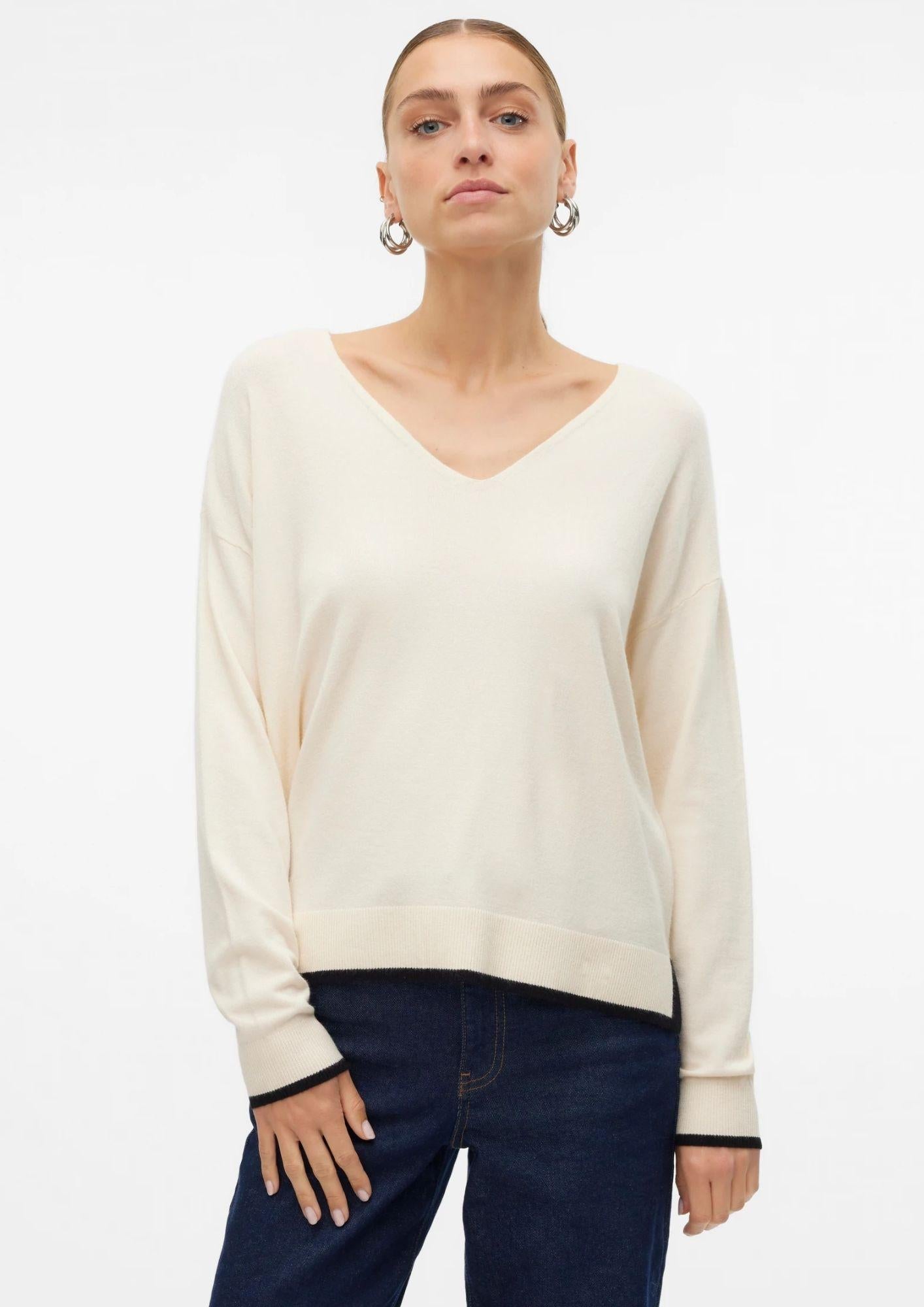 Vero Moda Maglione Donna Breeze Bianco Panna Con Dettagli Neri