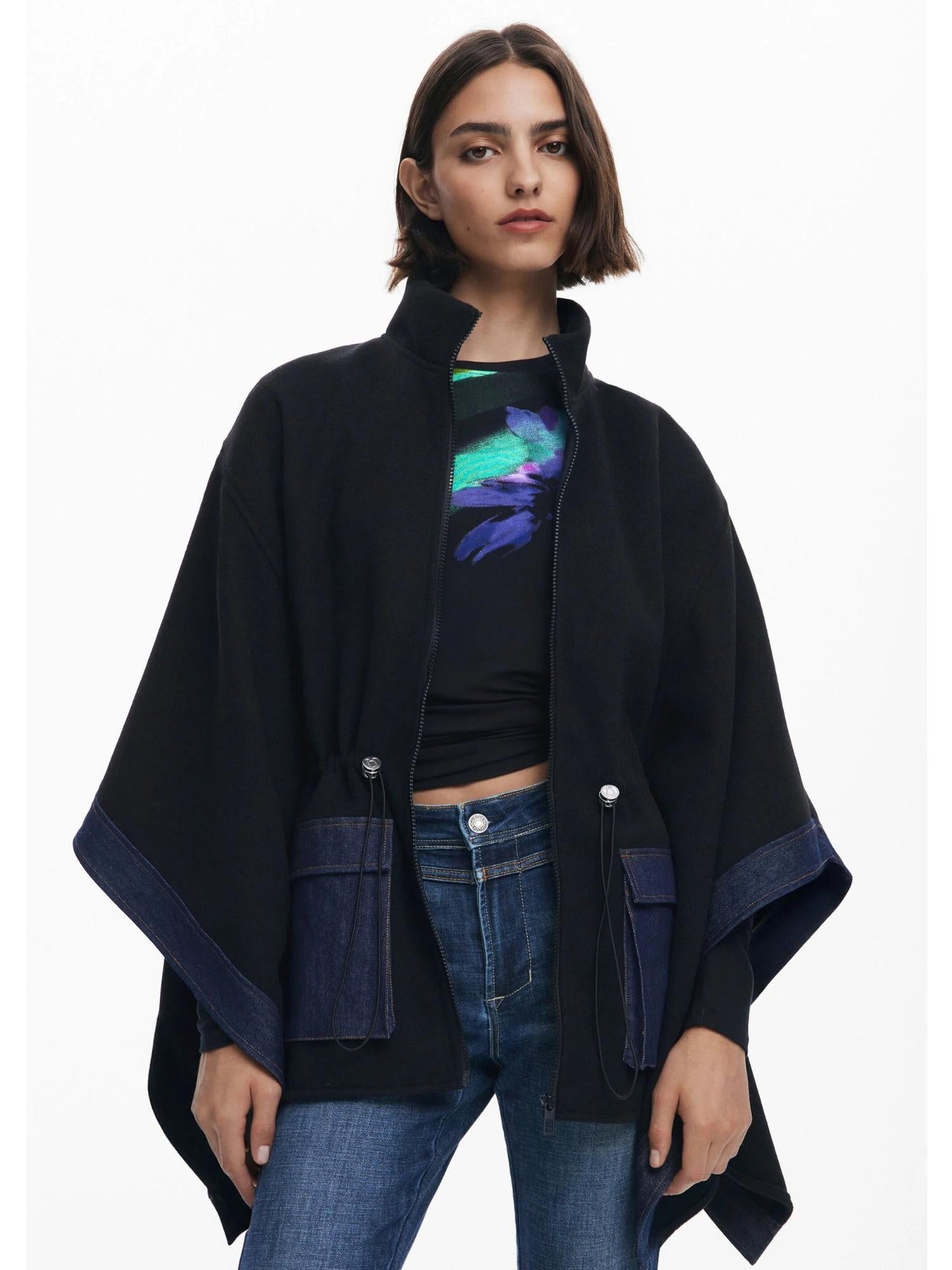 Desigual Poncho in denim combinato Donna Nero