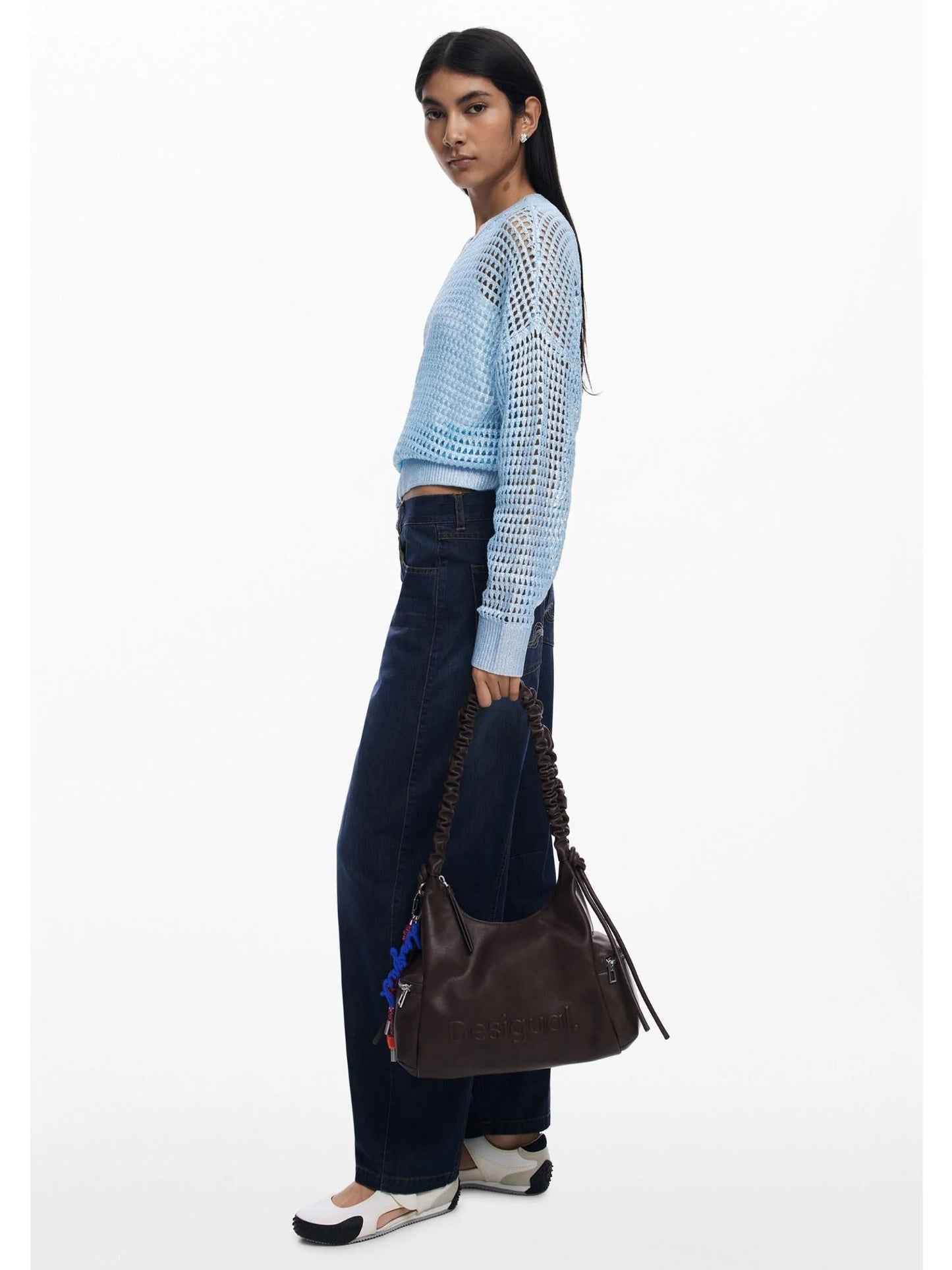 Desigual Borsa logo 3D con manico arricciato media Donna Marrone