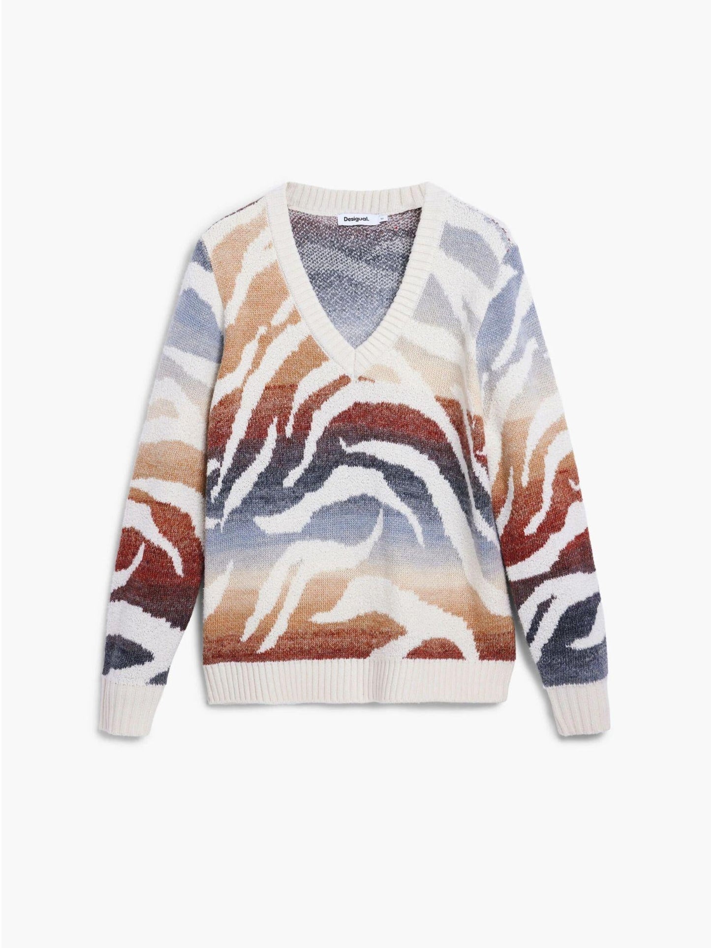 Desigual Maglione zebrato con scollo a V Donna Bianco