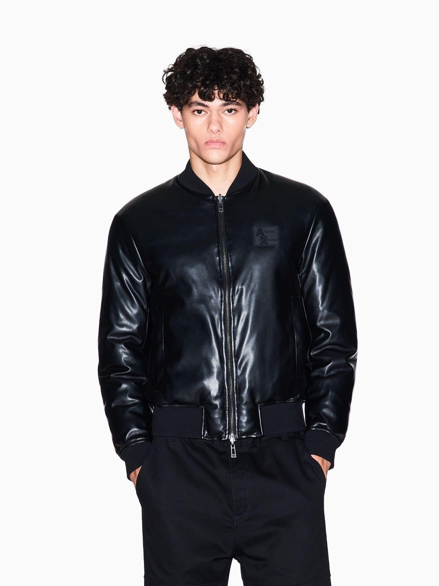 Armani Exchange Giacca Bomber Uomo in Tessuto Lucido Nero