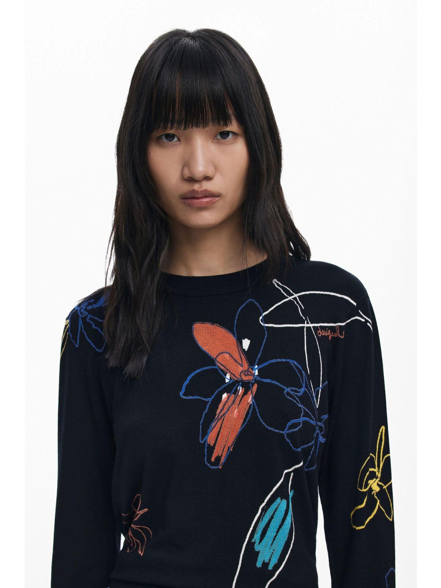 Desigual Maglione leggero con tratti floreali Donna Nero