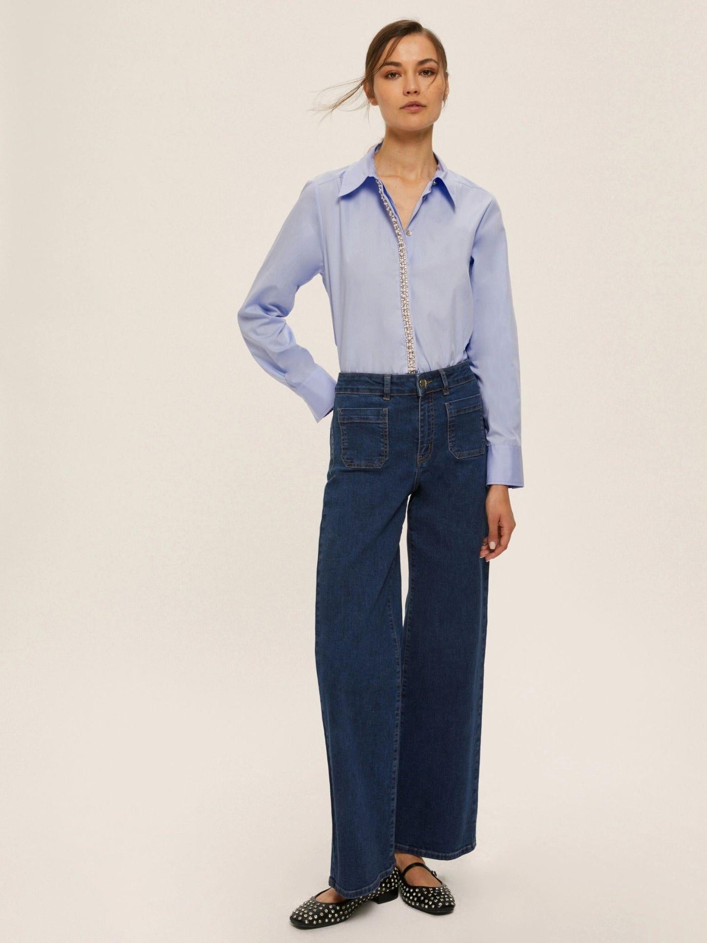 Emme Marella Camicia in popeline con dettagli di perle e strass Donna Valda Azzurro