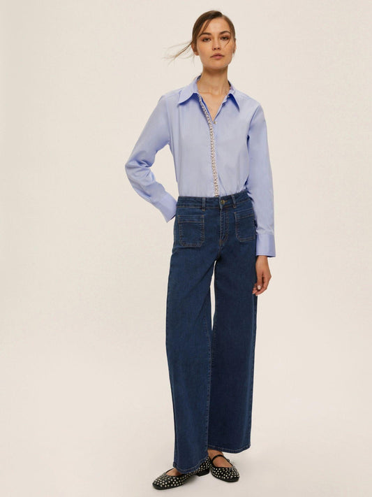 Emme Marella Camicia in popeline con dettagli di perle e strass Donna Valda Azzurro