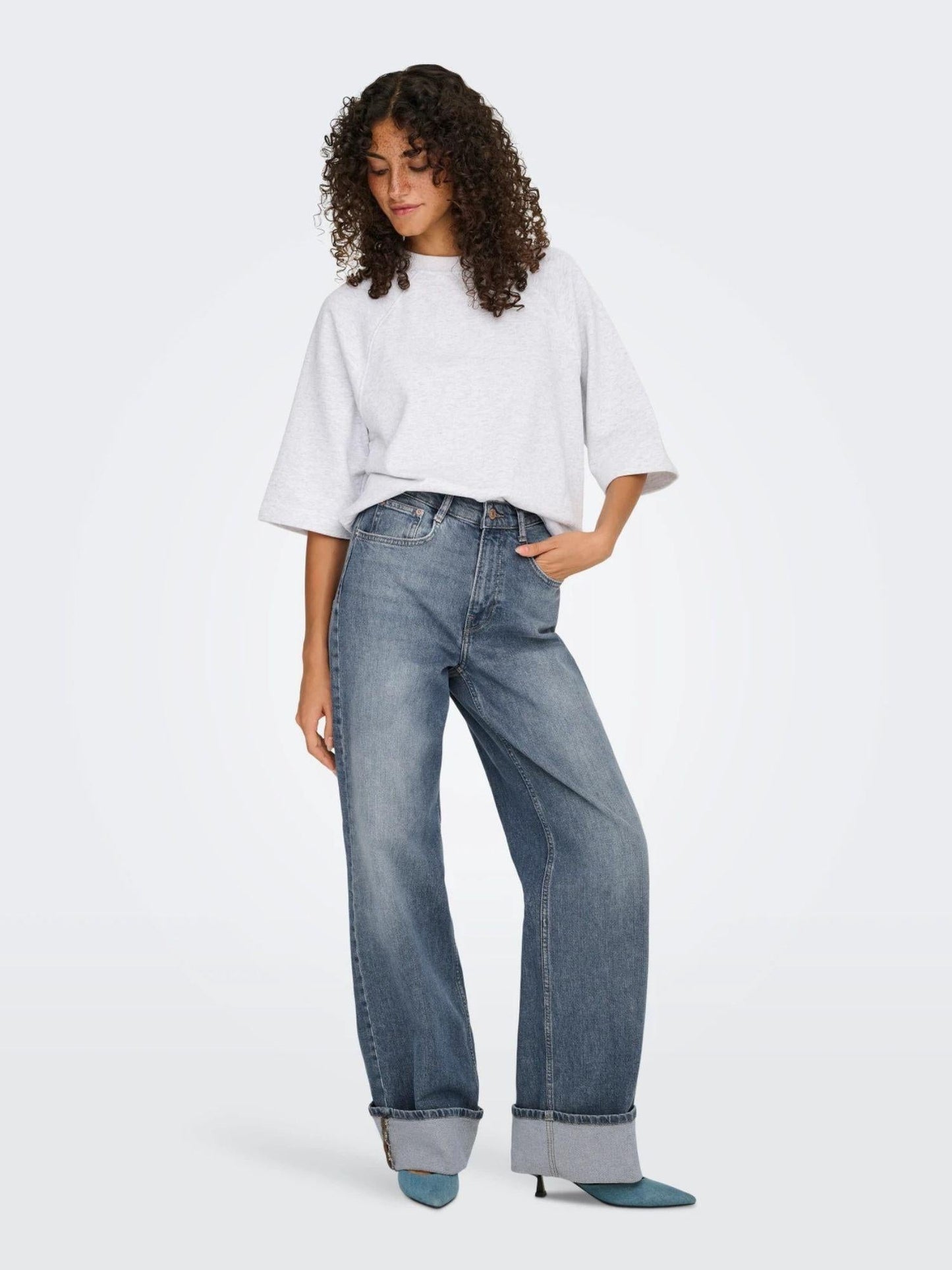 Only Jeans Donna Hope A Vita Alta Wide Leg Fit Special Blue Grey Denim