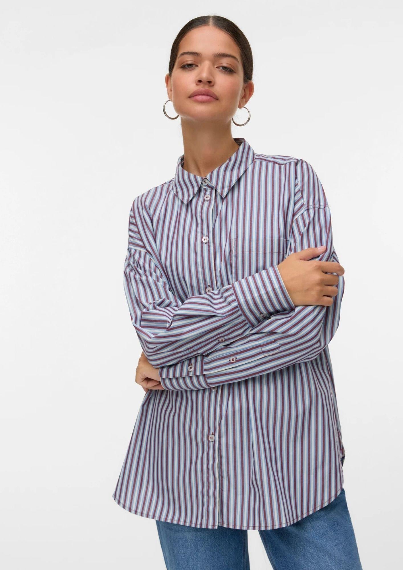 Aware Camicia Donna Parina Azzurra A Righe Bordeaux E Bianche