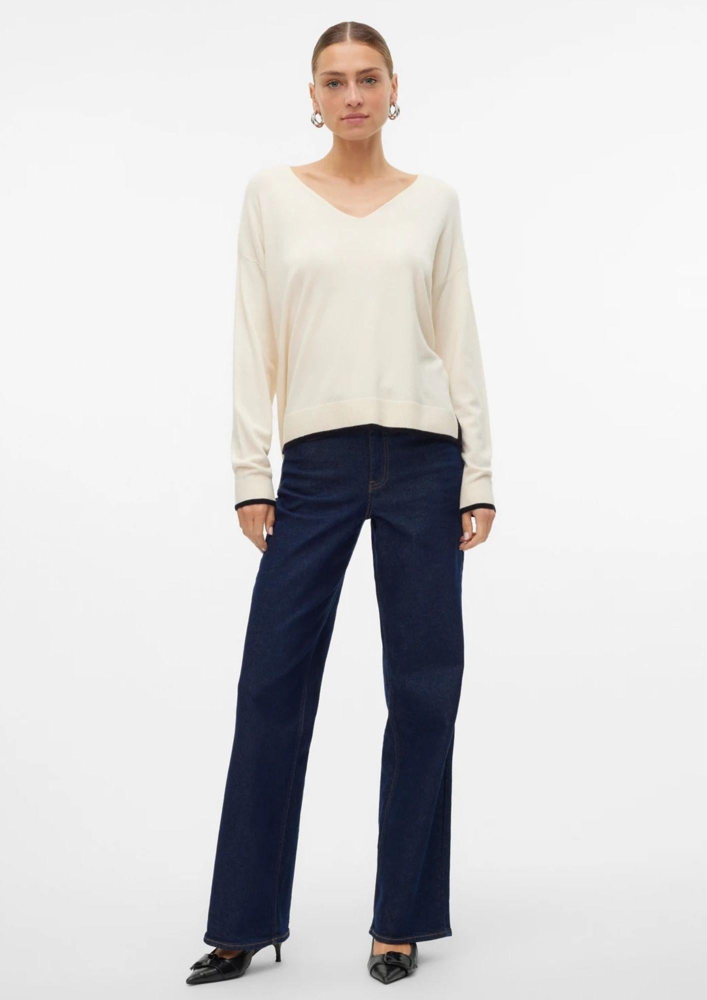 Vero Moda Maglione Donna Breeze Bianco Panna Con Dettagli Neri