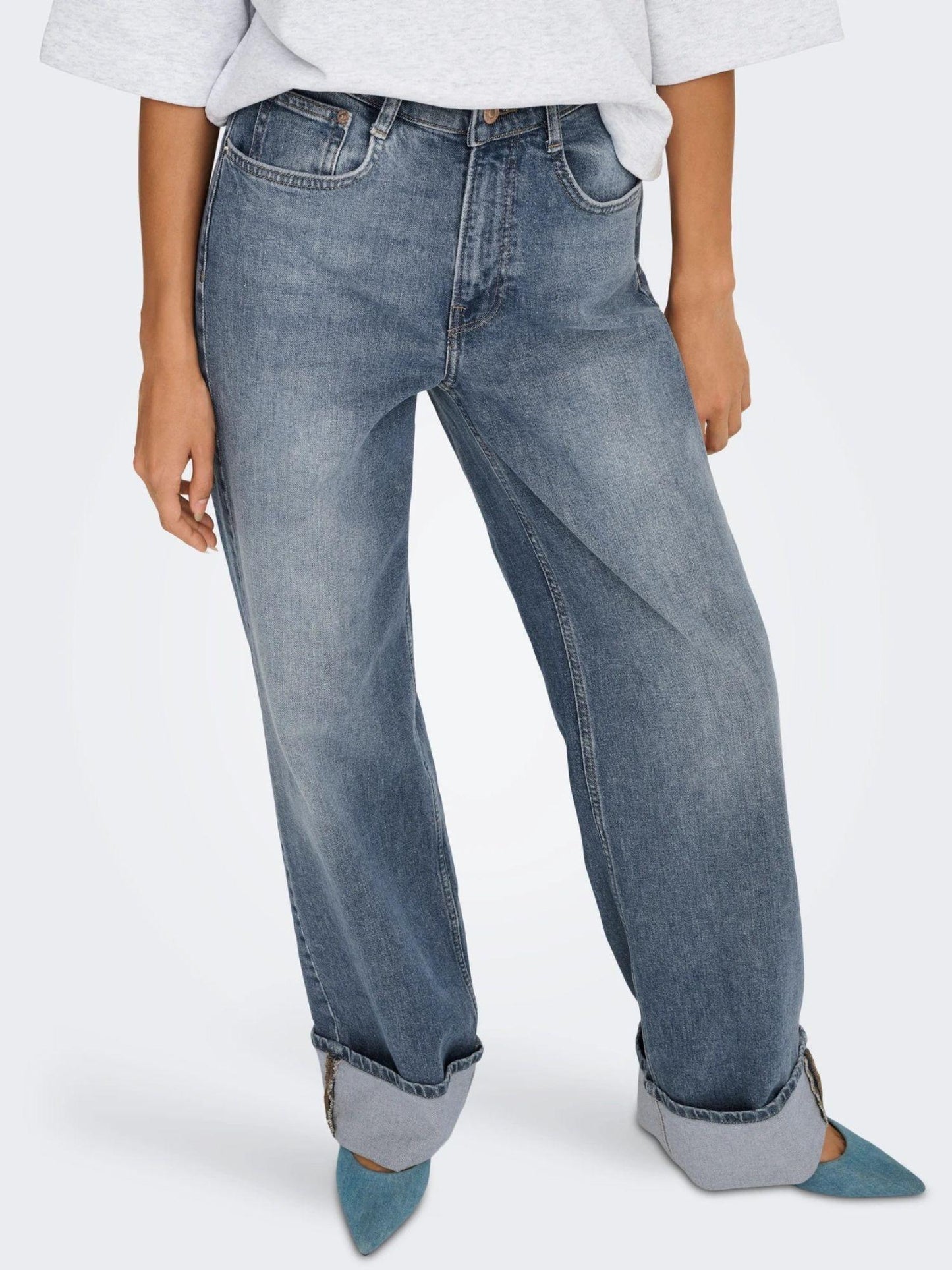Only Jeans Donna Hope A Vita Alta Wide Leg Fit Special Blue Grey Denim