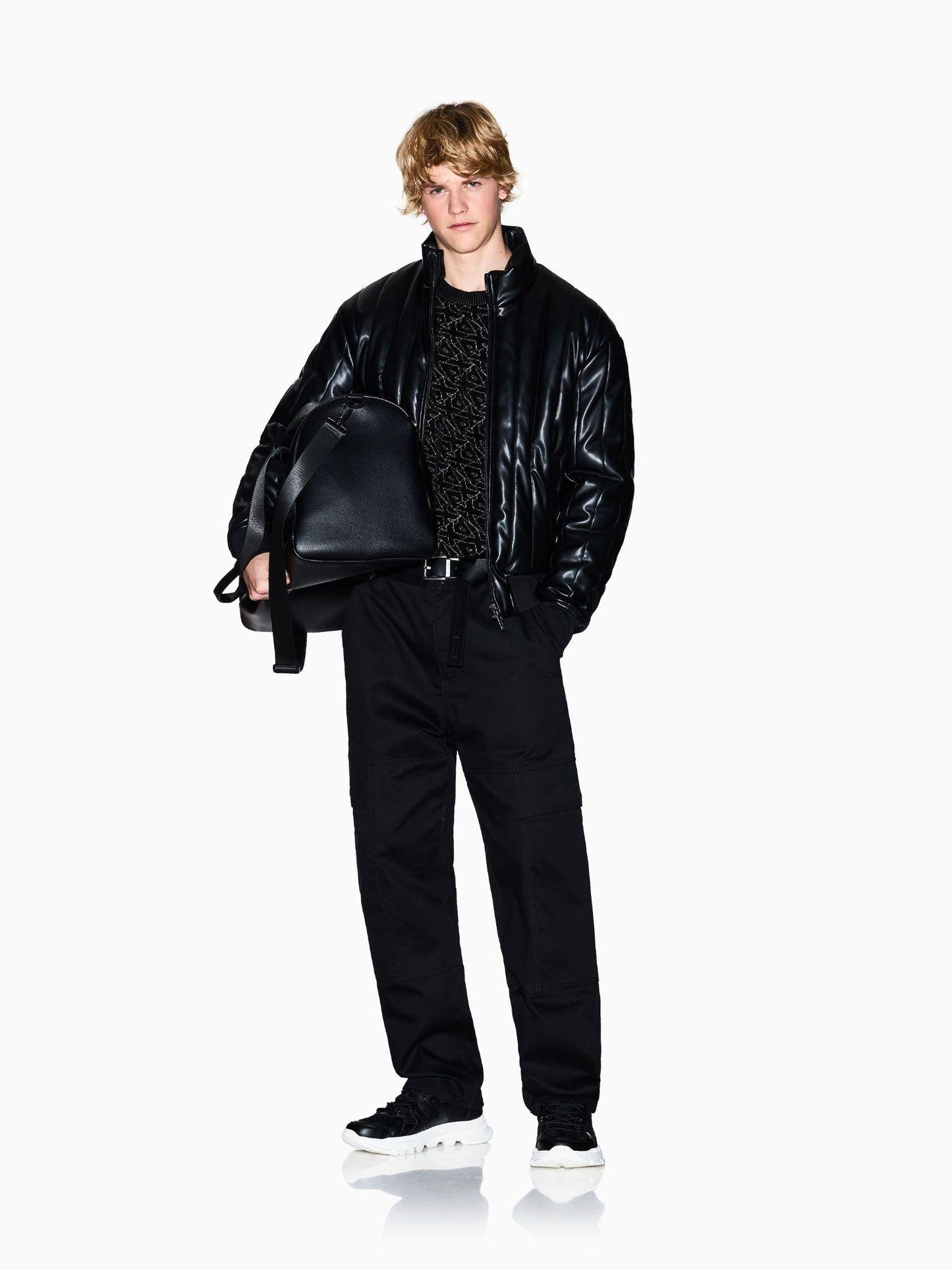 Armani Exchange Maglione girocollo con logo allover Uomo Nero