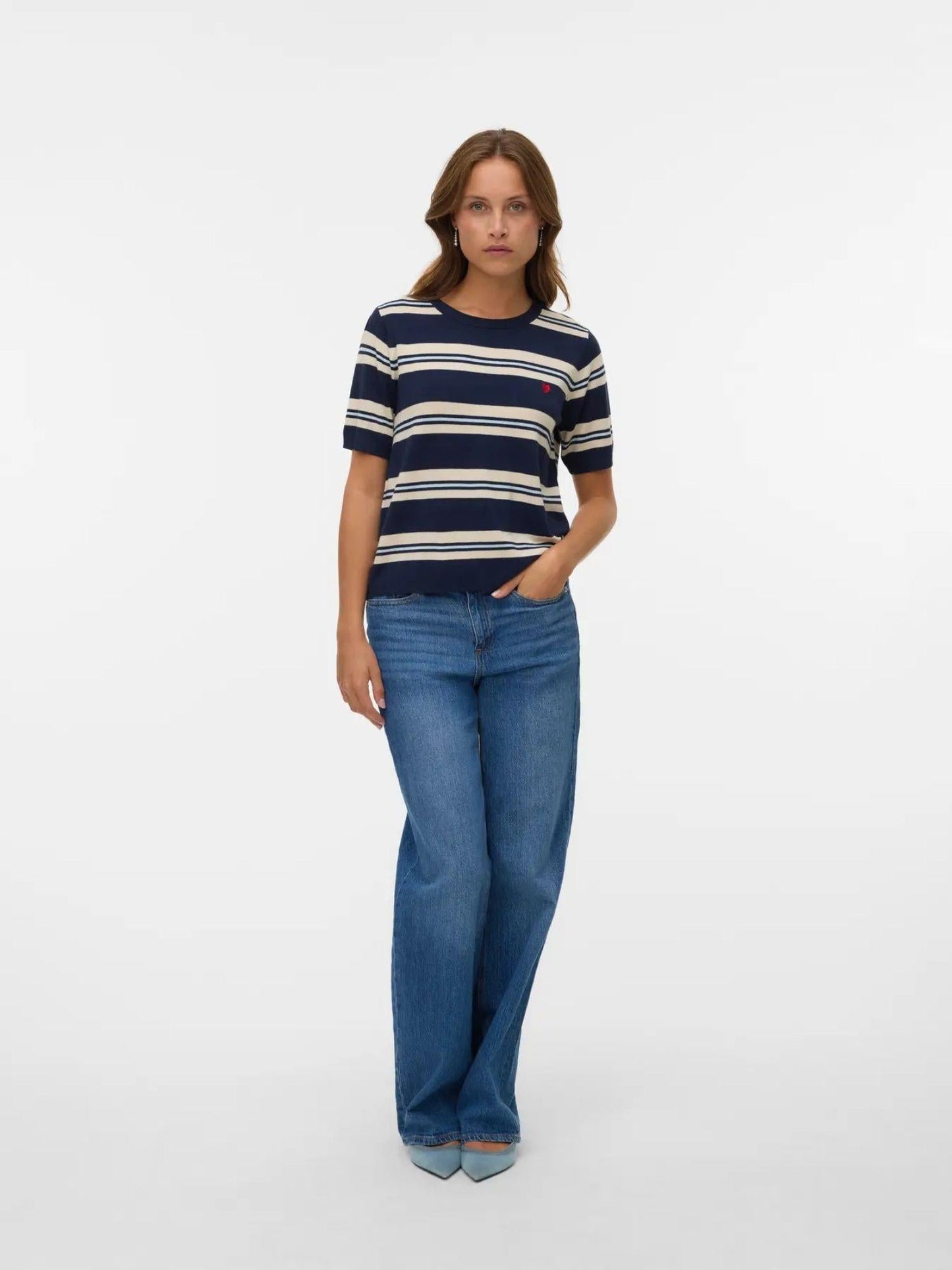 Vero Moda Maglione Donna Carmelia In Maglia Navy Blazer W. Ice Water And Birch
