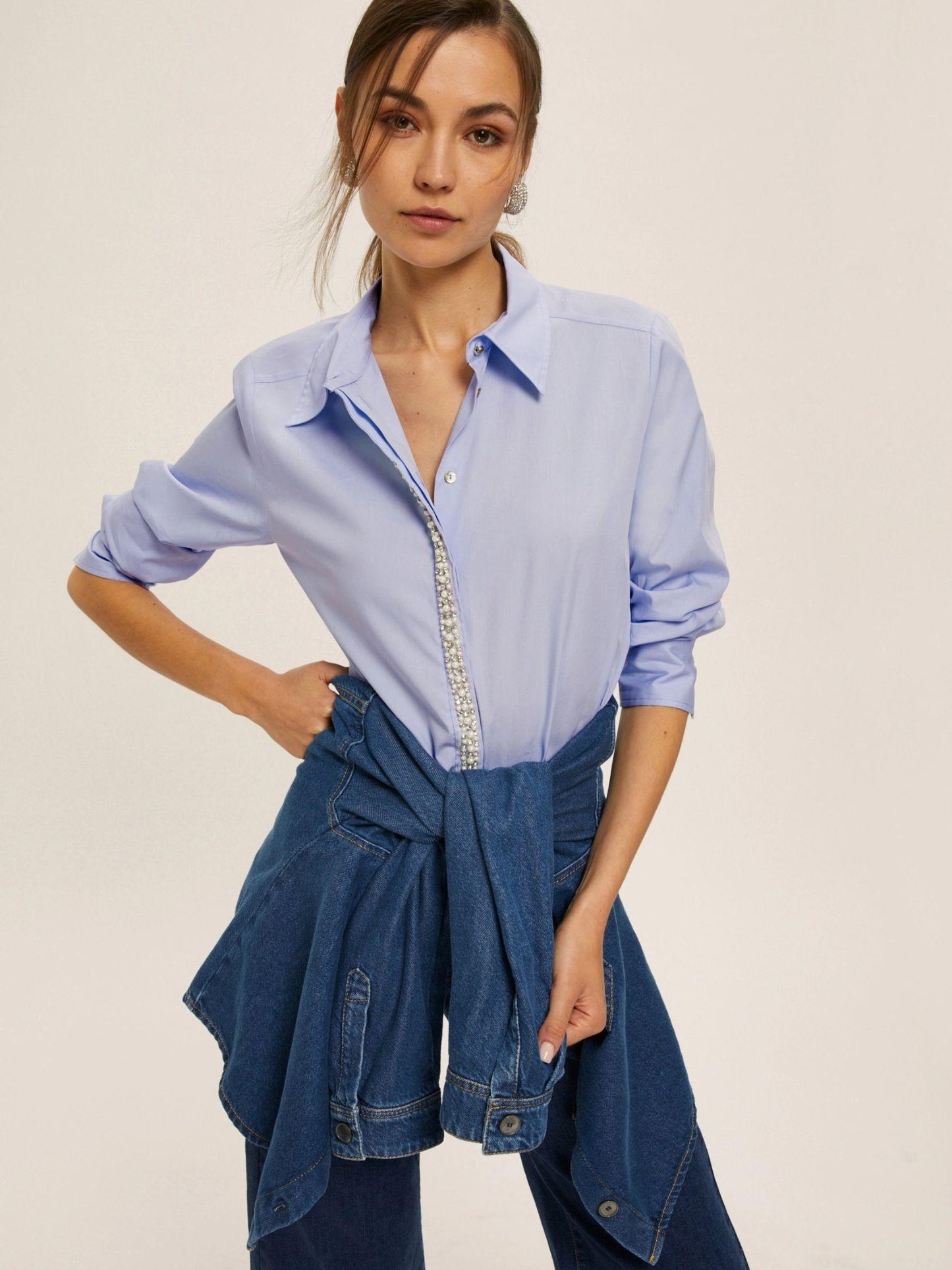 Emme Marella Camicia in popeline con dettagli di perle e strass Donna Valda Azzurro