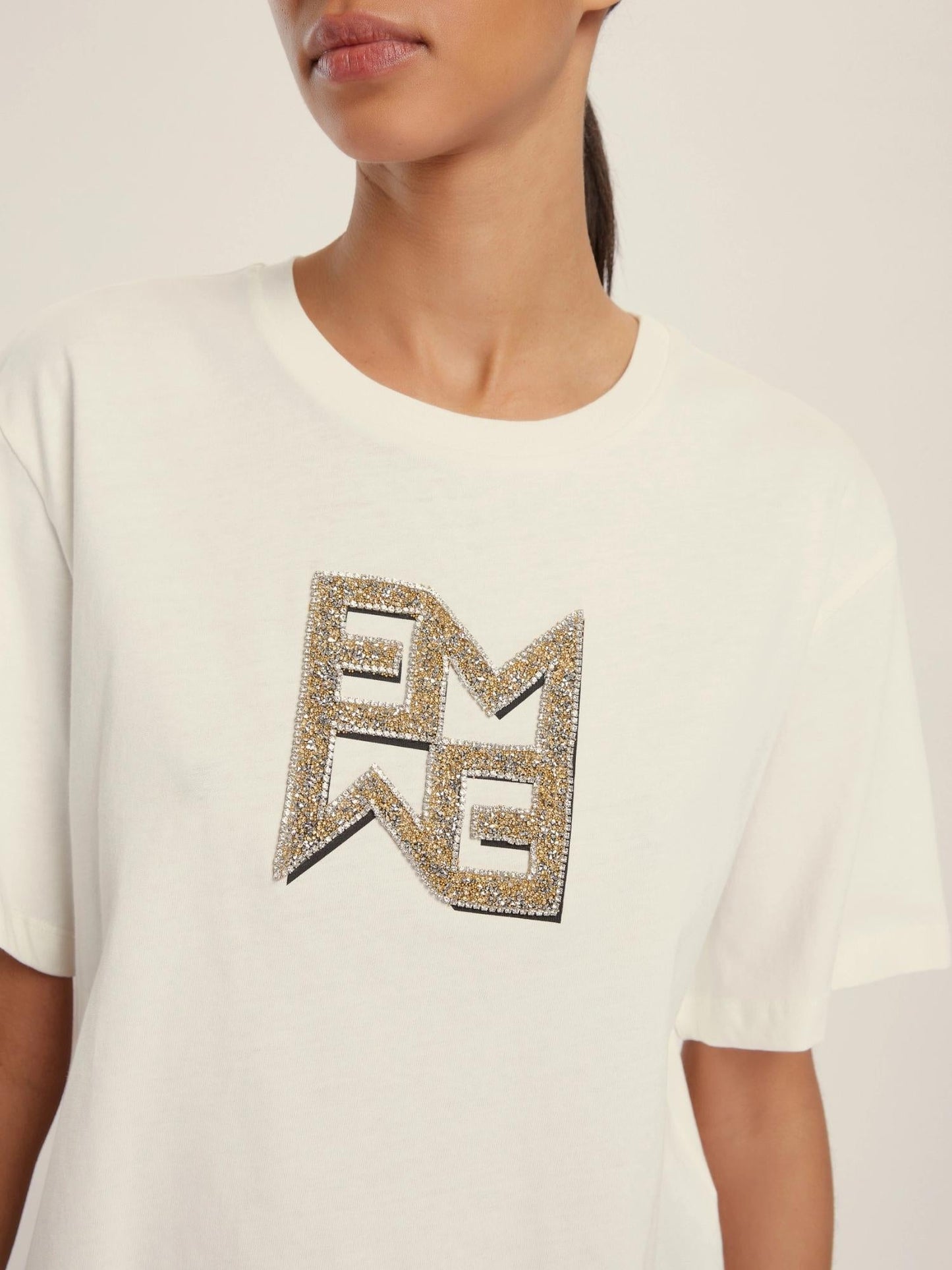 Emme Marella T-shirt Donna in jersey con cristalli Micaelabis Panna Oro