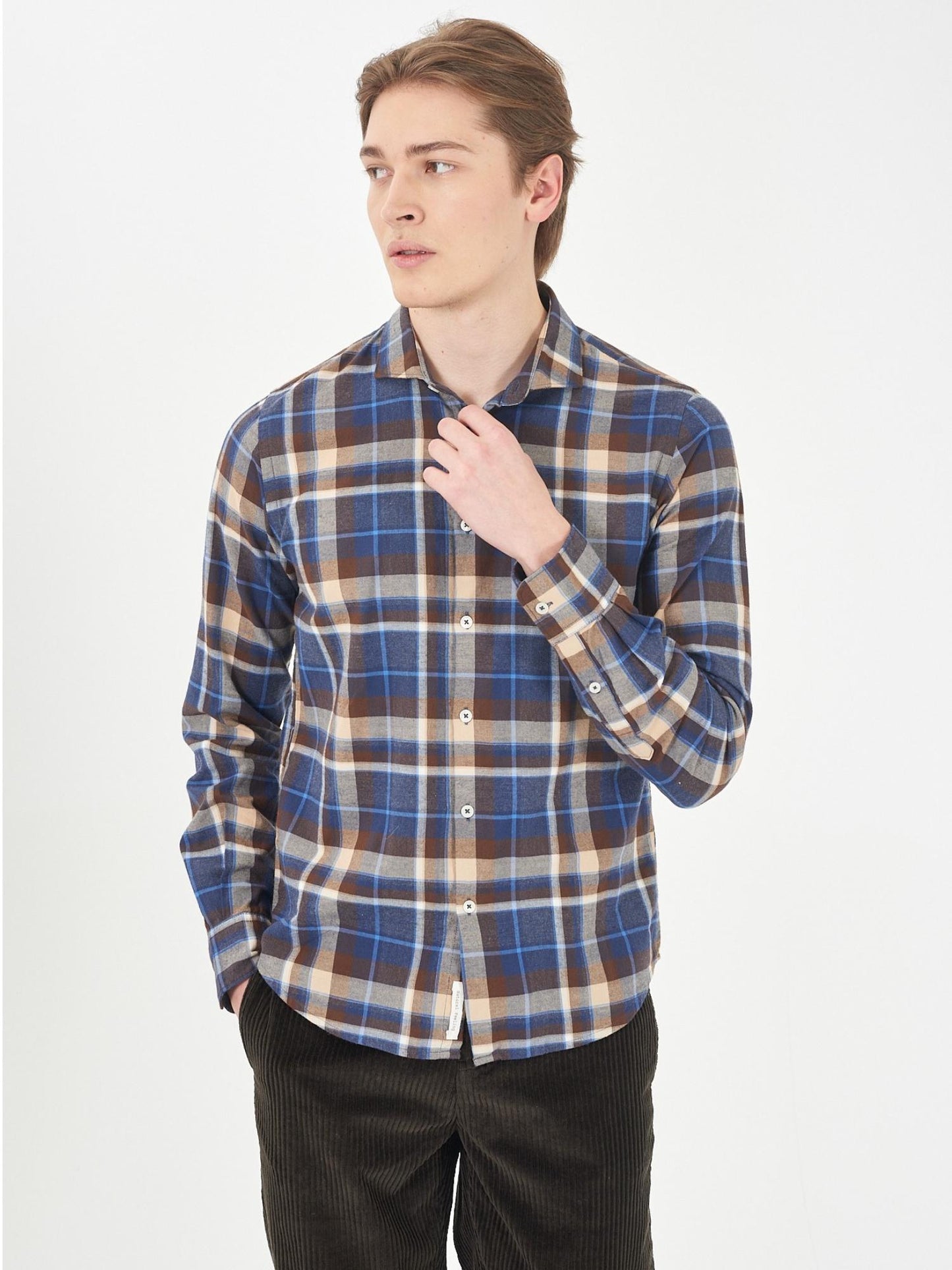 Yes Zee Camicia Collo francese Uomo Blu Marrone Beige