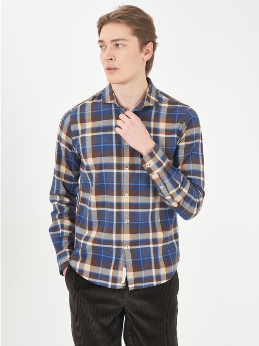 Yes Zee Camicia Collo francese Uomo Blu Marrone Beige