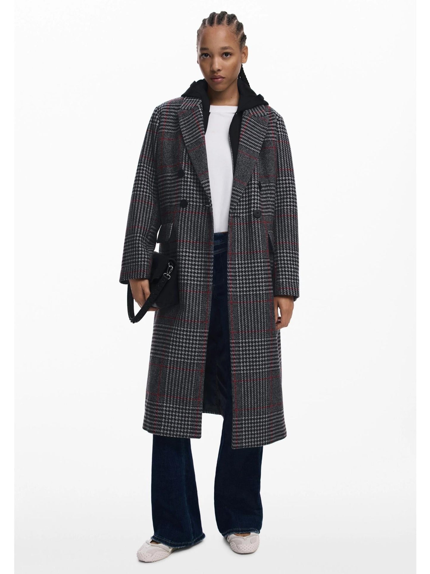 Desigual Cappotto tartan con cappuccio Donna Nero