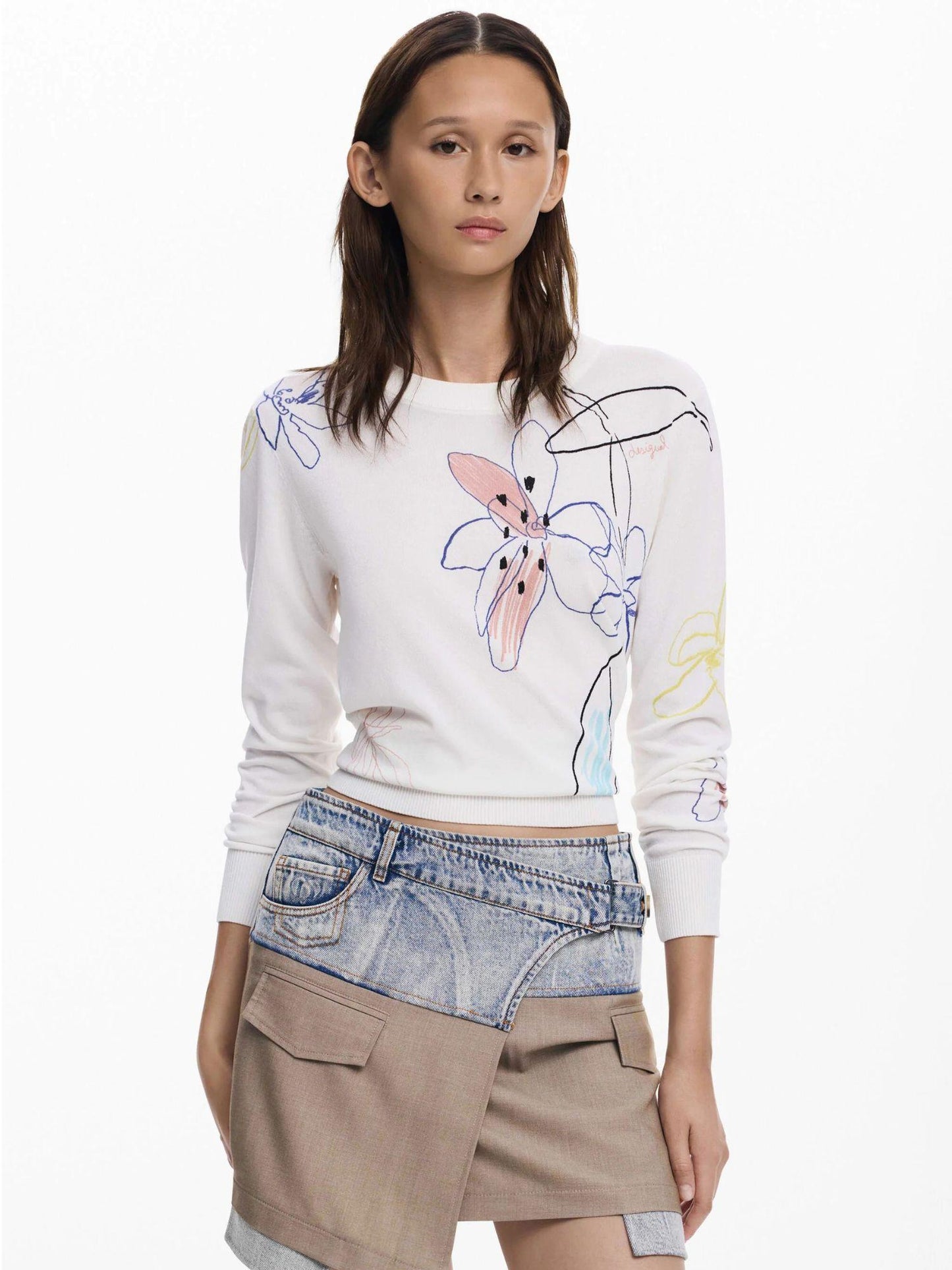 Desigual Maglione leggero con tratti floreali Donna Bianco